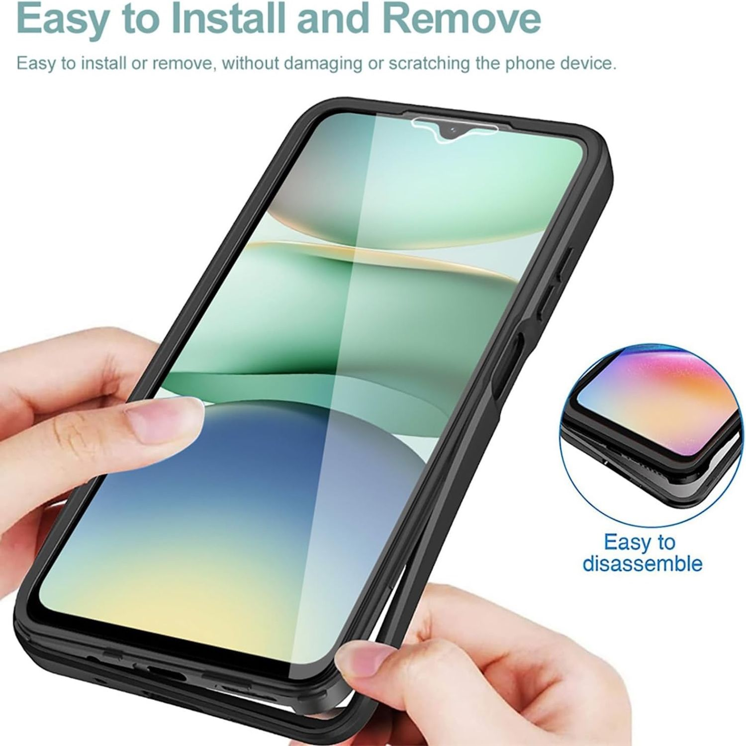 Hände, die ein Telefon mit Hülle halten, und ein separates Gehäuseteil. Einfach zu installieren und zu entfernen.