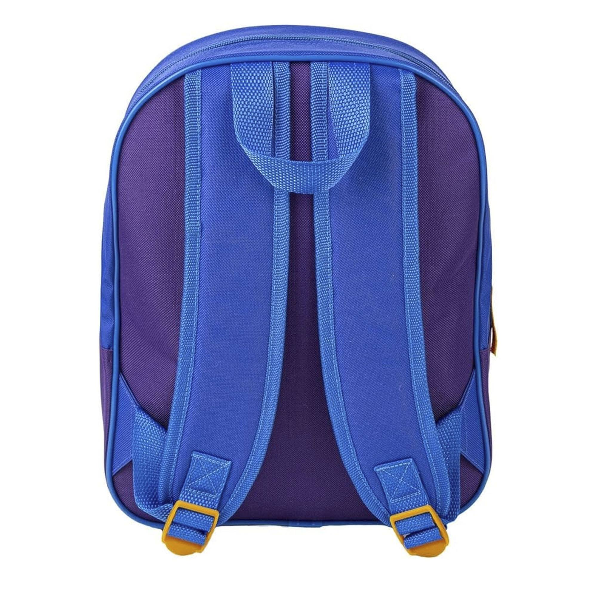 Tył niebieskiego plecaka z fioletowymi akcentami. Paski i górny uchwyt są również niebieskie.