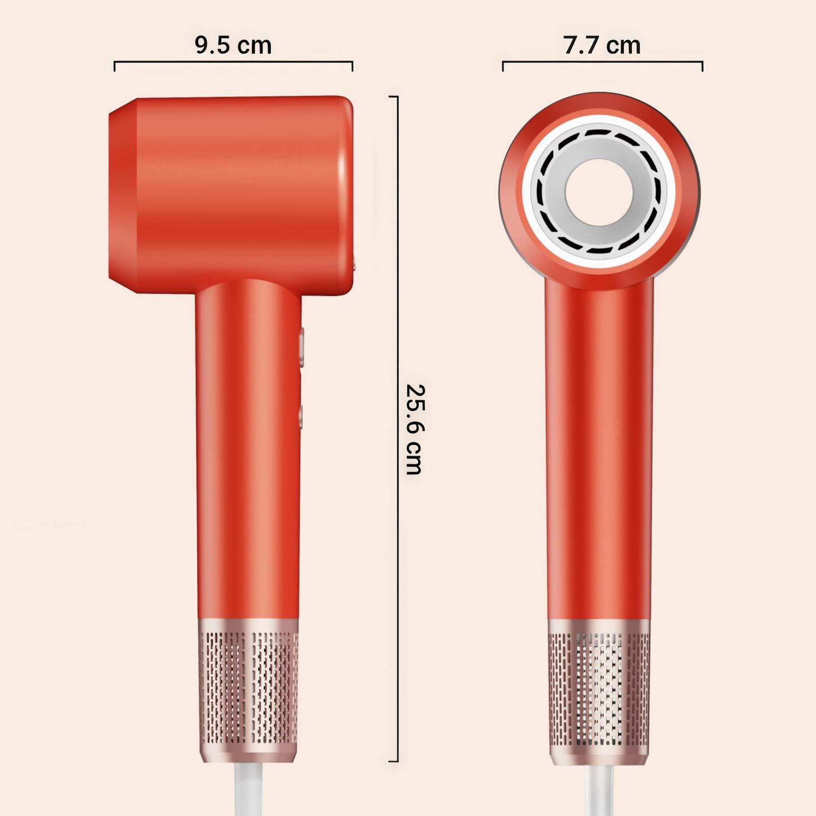 Seitenansicht eines roten Haartrockners mit Abmessungen: 9,5 cm x 25,6 cm, 7,7 cm.