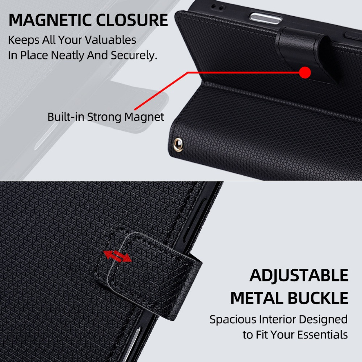 Custodia per telefono nera. Chiusura magnetica e fibbia metallica regolabile sono evidenziate nei dettagli.