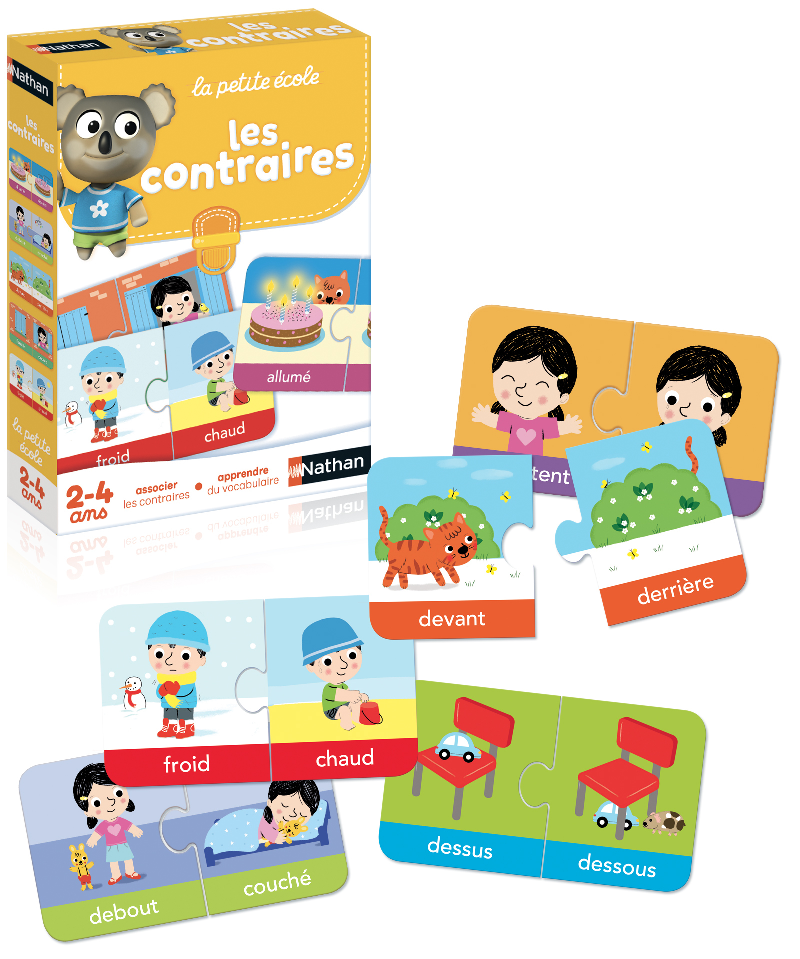 Caja de juego infantil y piezas del juego. Las piezas son varios rompecabezas de imágenes.