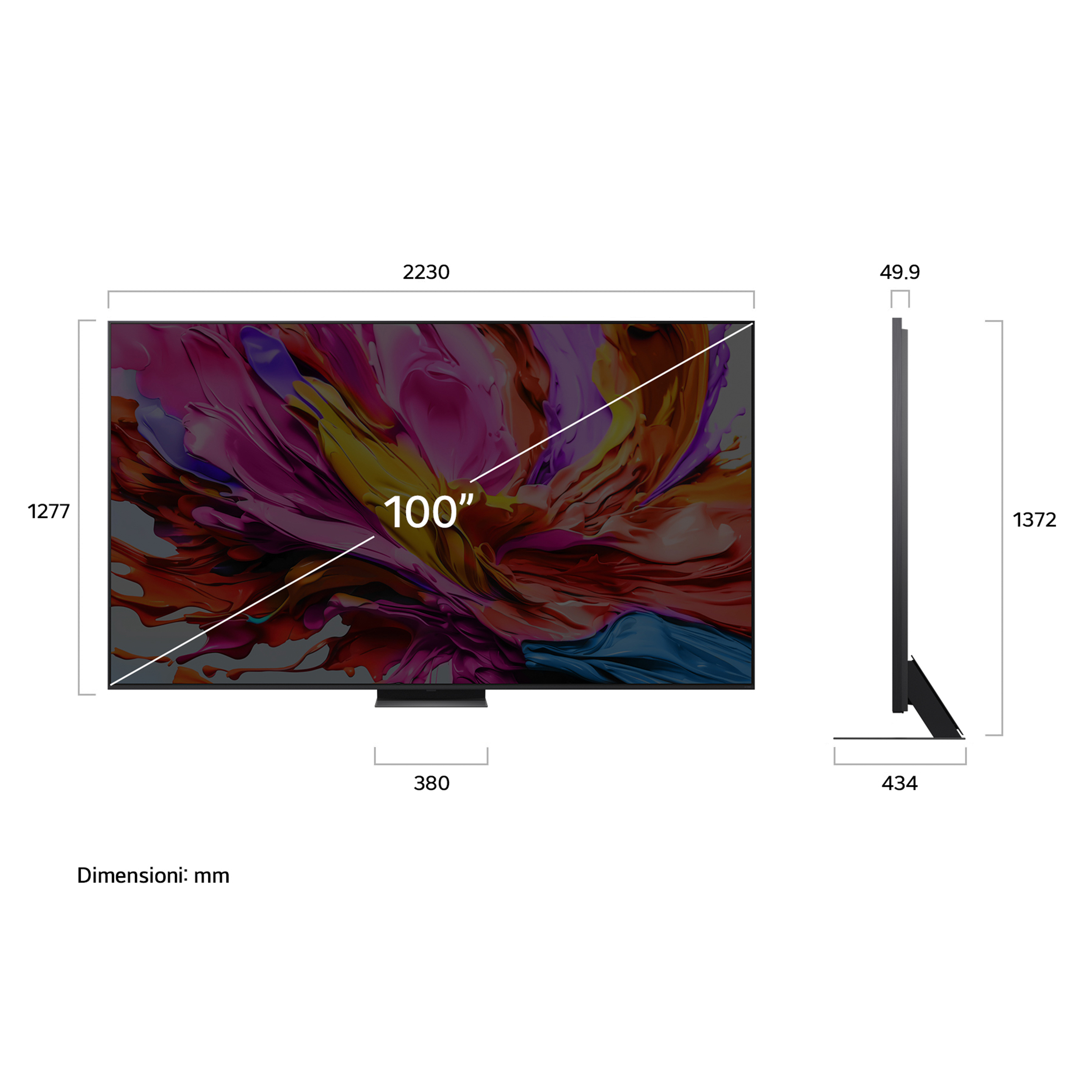 Diagramma di un TV da 100 pollici con dimensioni in mm e vista laterale.