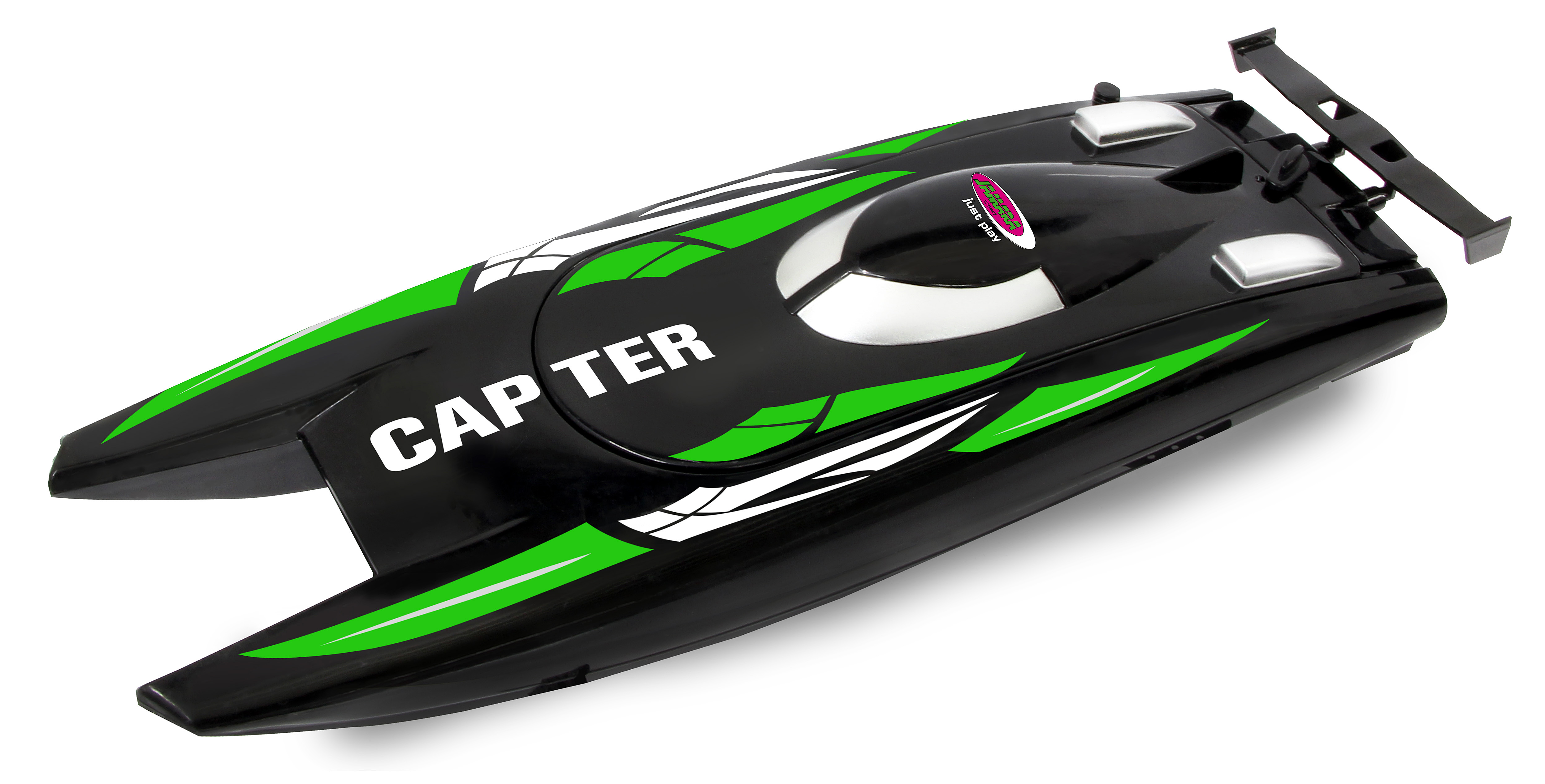 Schwarzes Spielzeugboot mit grünen und weißen Akzenten. Das Wort 'CAP TER' steht oben.
