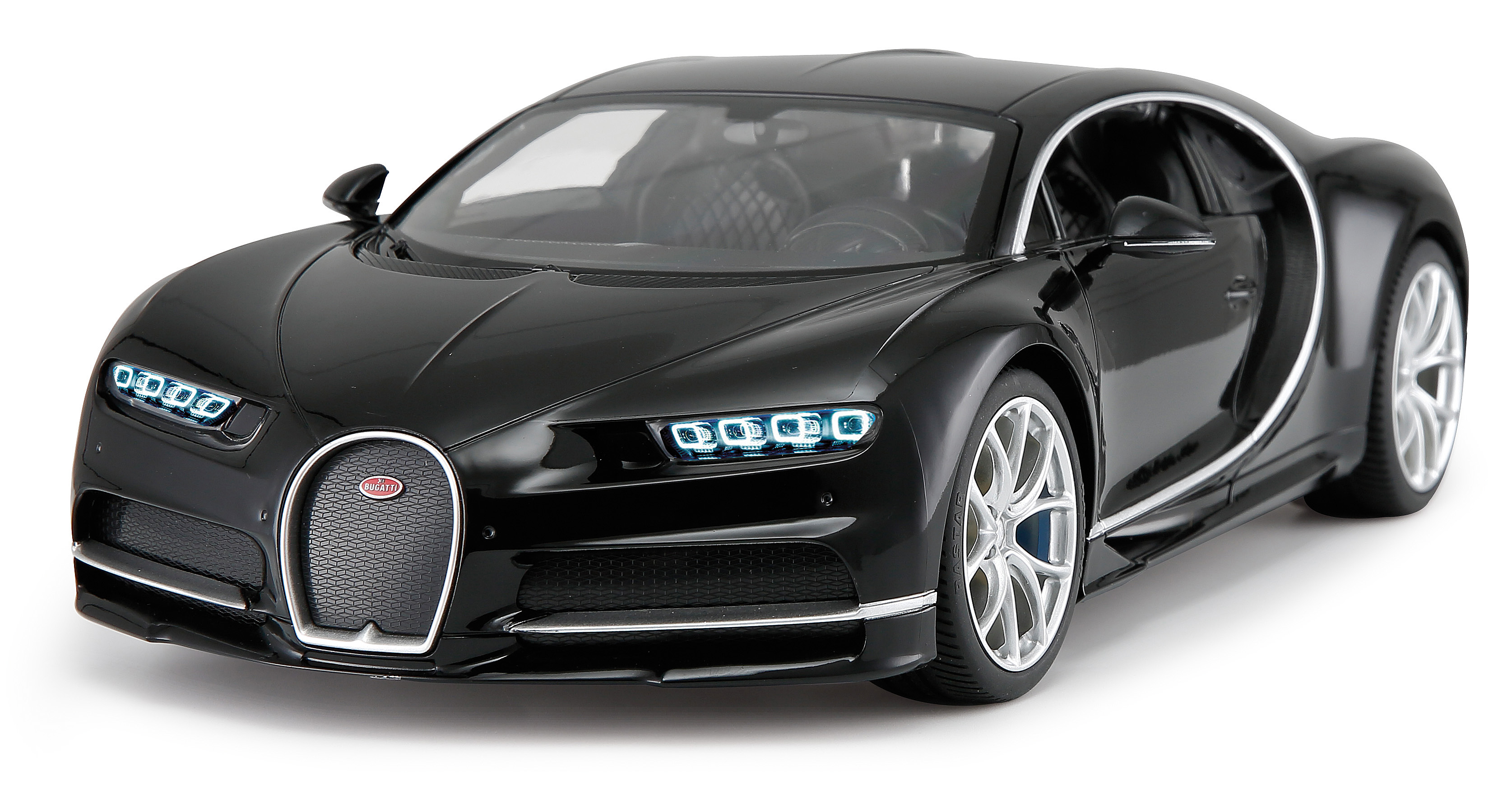 Schwarzes Bugatti Chiron Modellauto. Es hat ein elegantes Design mit dem Bugatti-Logo und silbernen Felgen.