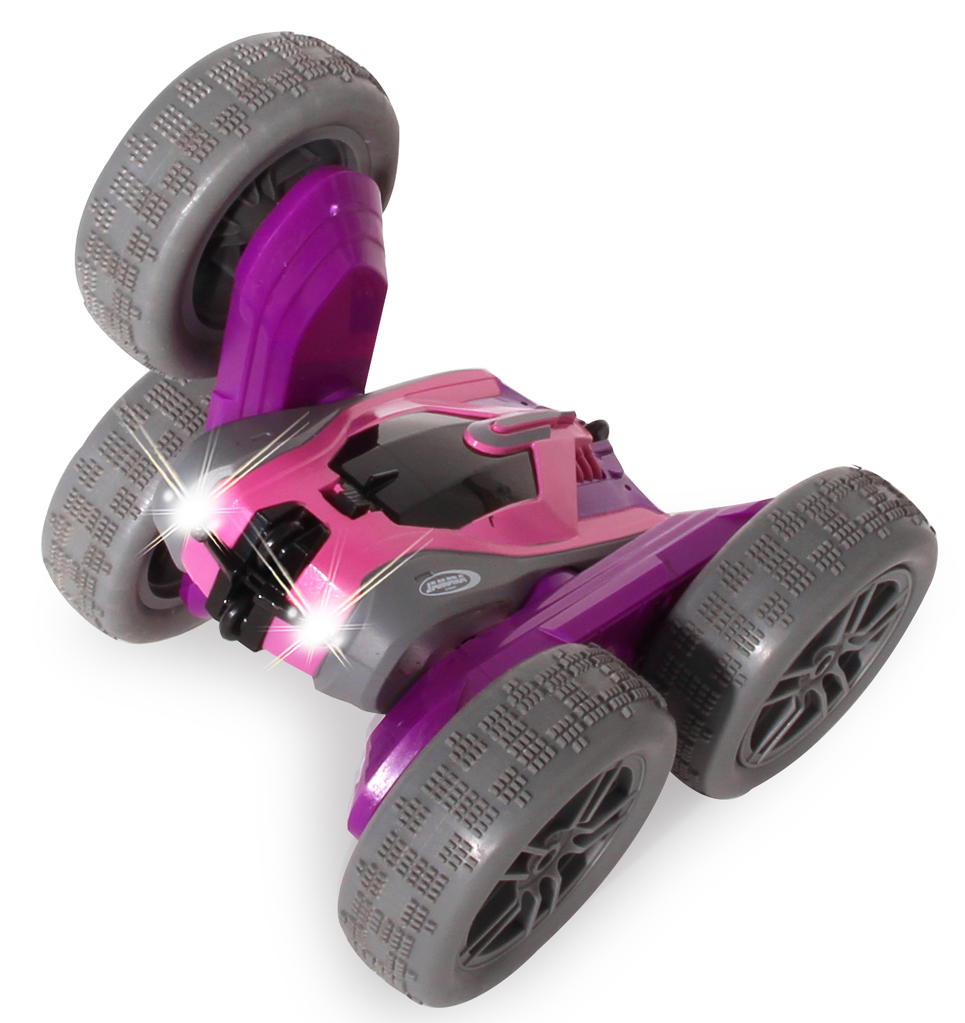 Ein rosa-graues ferngesteuertes Auto mit vier grauen Rädern. Scheinwerfer sind an. Weißer Hintergrund.