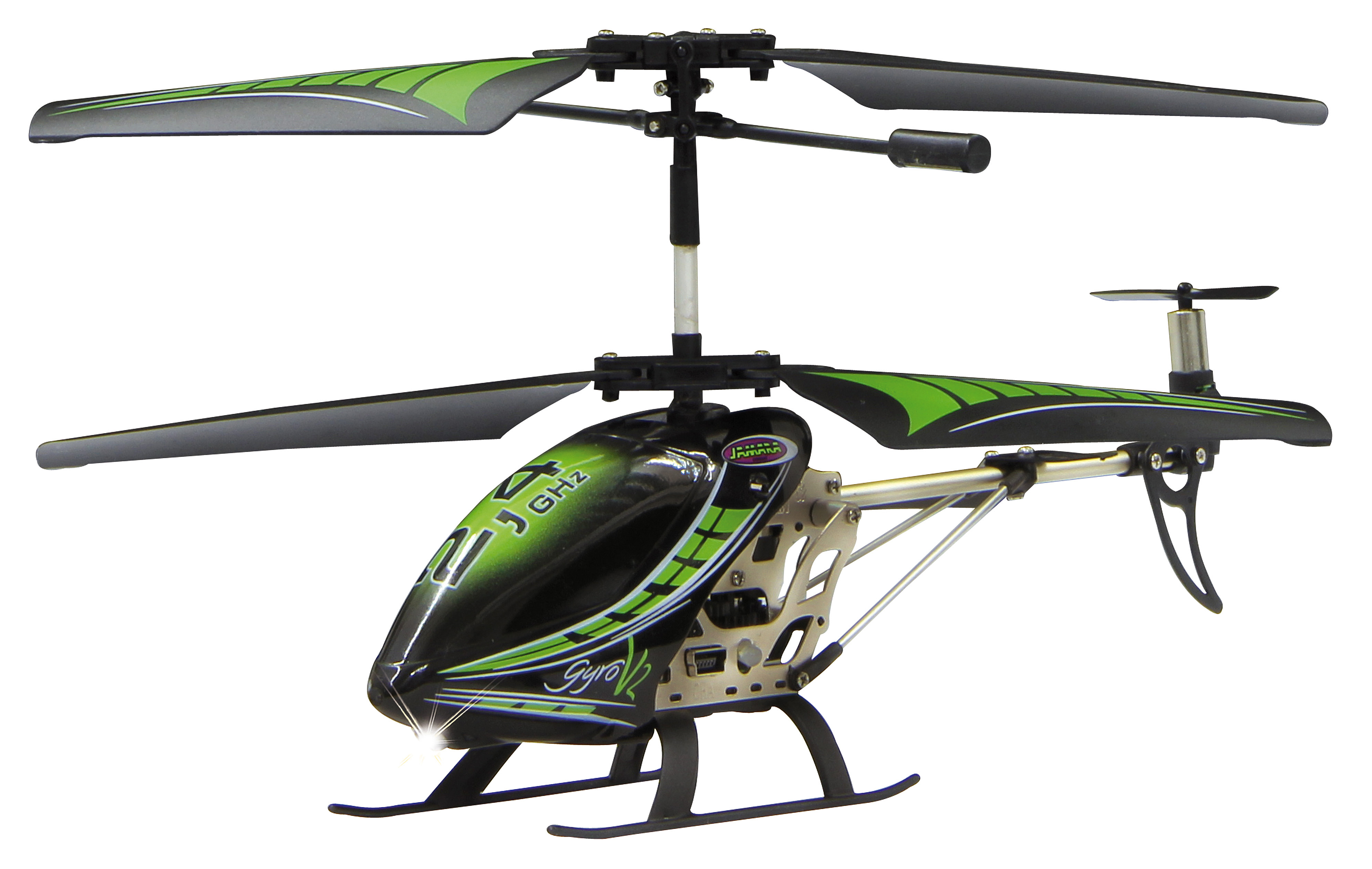 Schwarz-grünes Helikoptermodell. Rotorblätter sind grün und schwarz. Weißer Hintergrund.