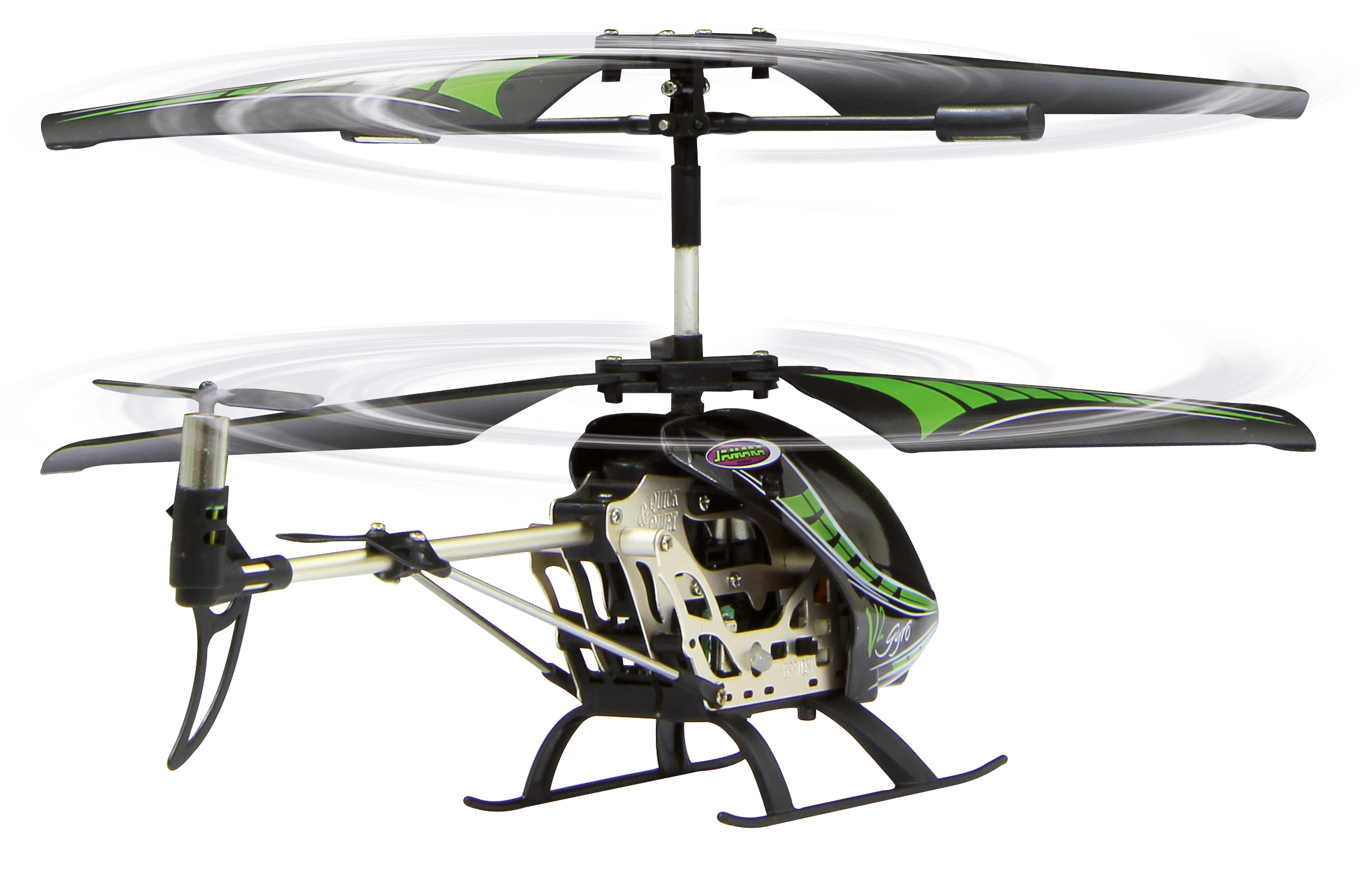 Schwarz-grünes Helikoptermodell mit sich drehenden Rotorblättern. Weißer Hintergrund.