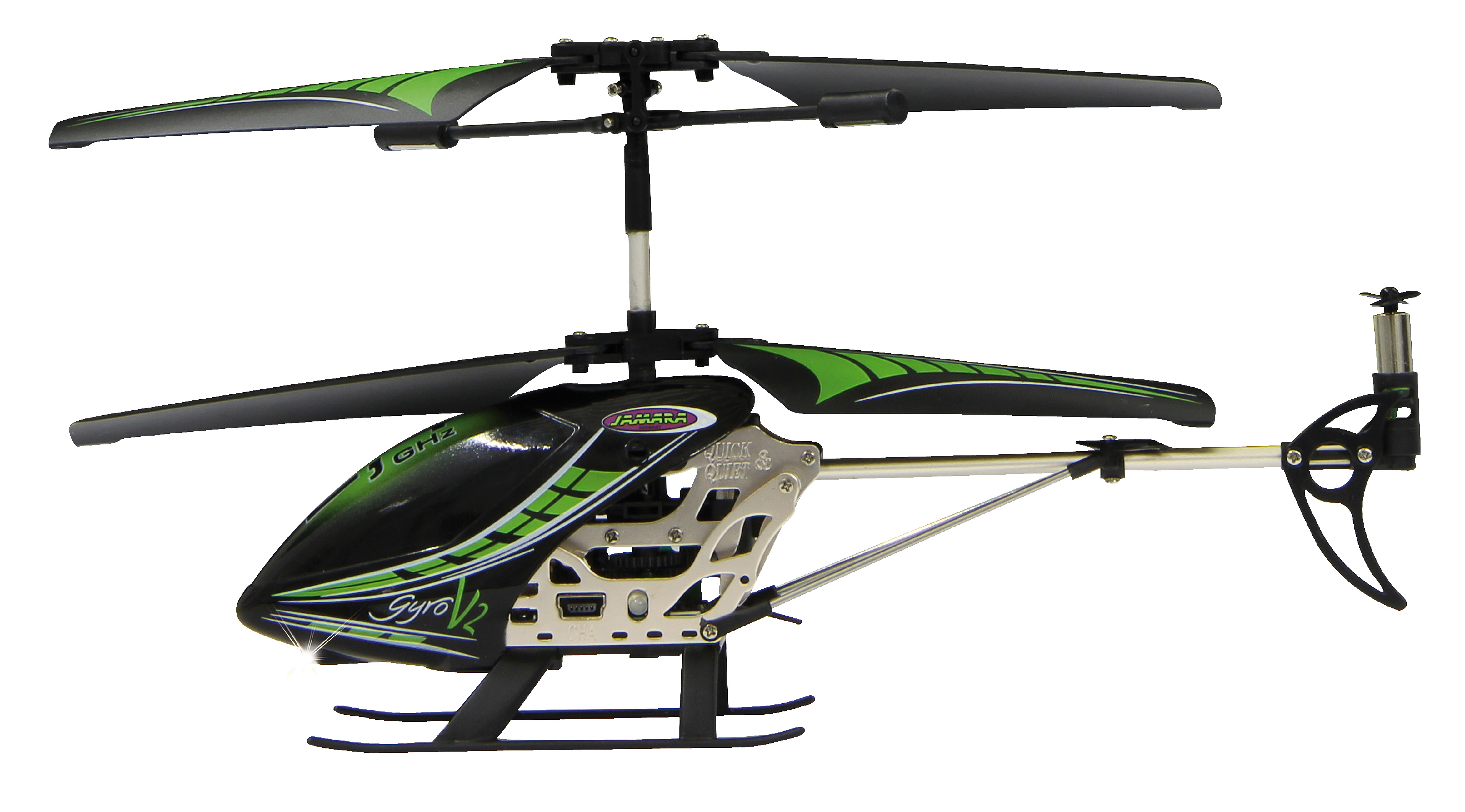 Schwarz-grünes Helikoptermodell. Weißer Hintergrund.