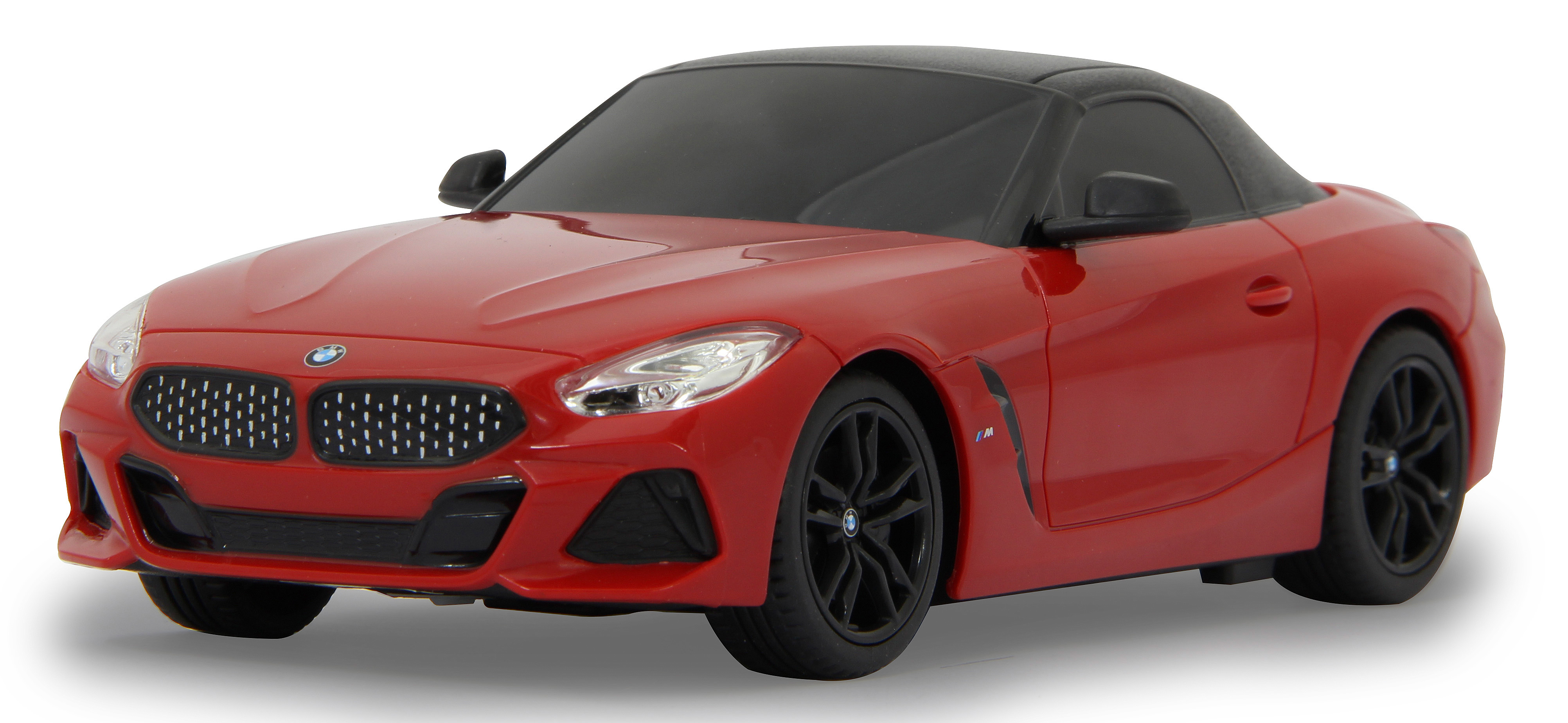 Rotes BMW Z4 Modellauto mit schwarzem Dach und Rädern, auf weißem Hintergrund.