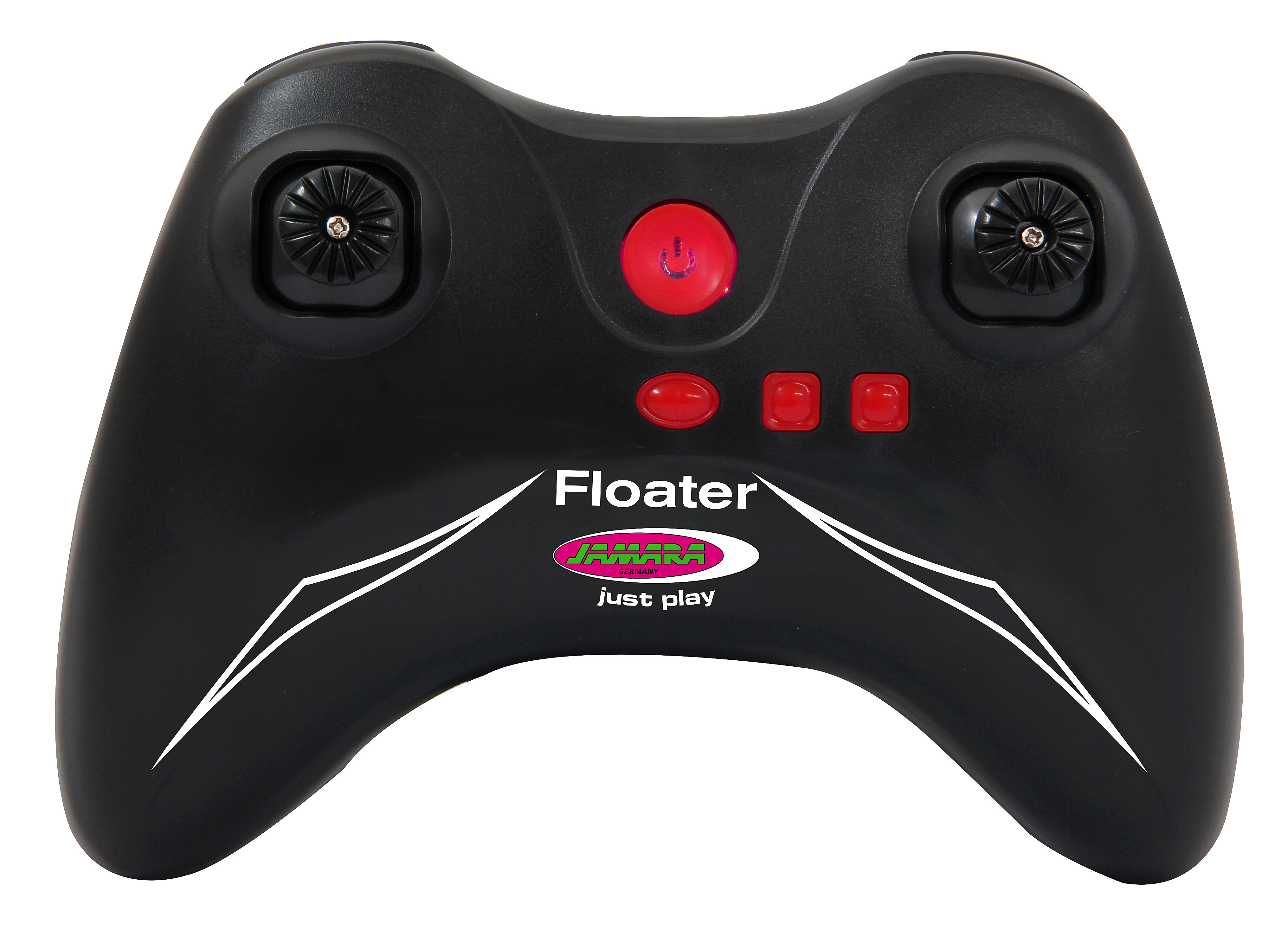 Schwarze Fernbedienung mit Knöpfen und Joysticks; das Wort "Floater" steht darauf.
