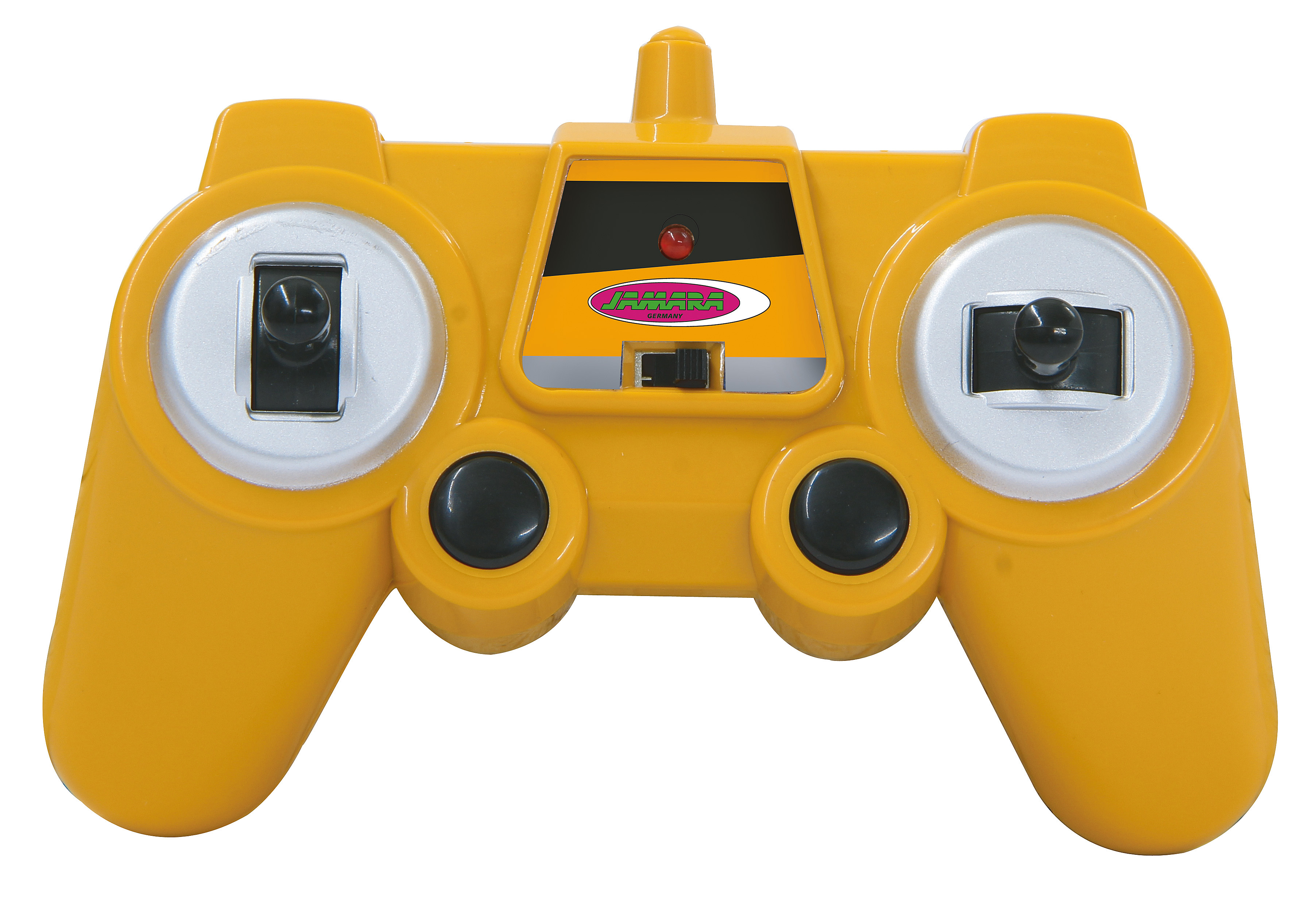 Gelbe Fernbedienung mit schwarzen Joysticks und Knöpfen, auf weißem Hintergrund.
