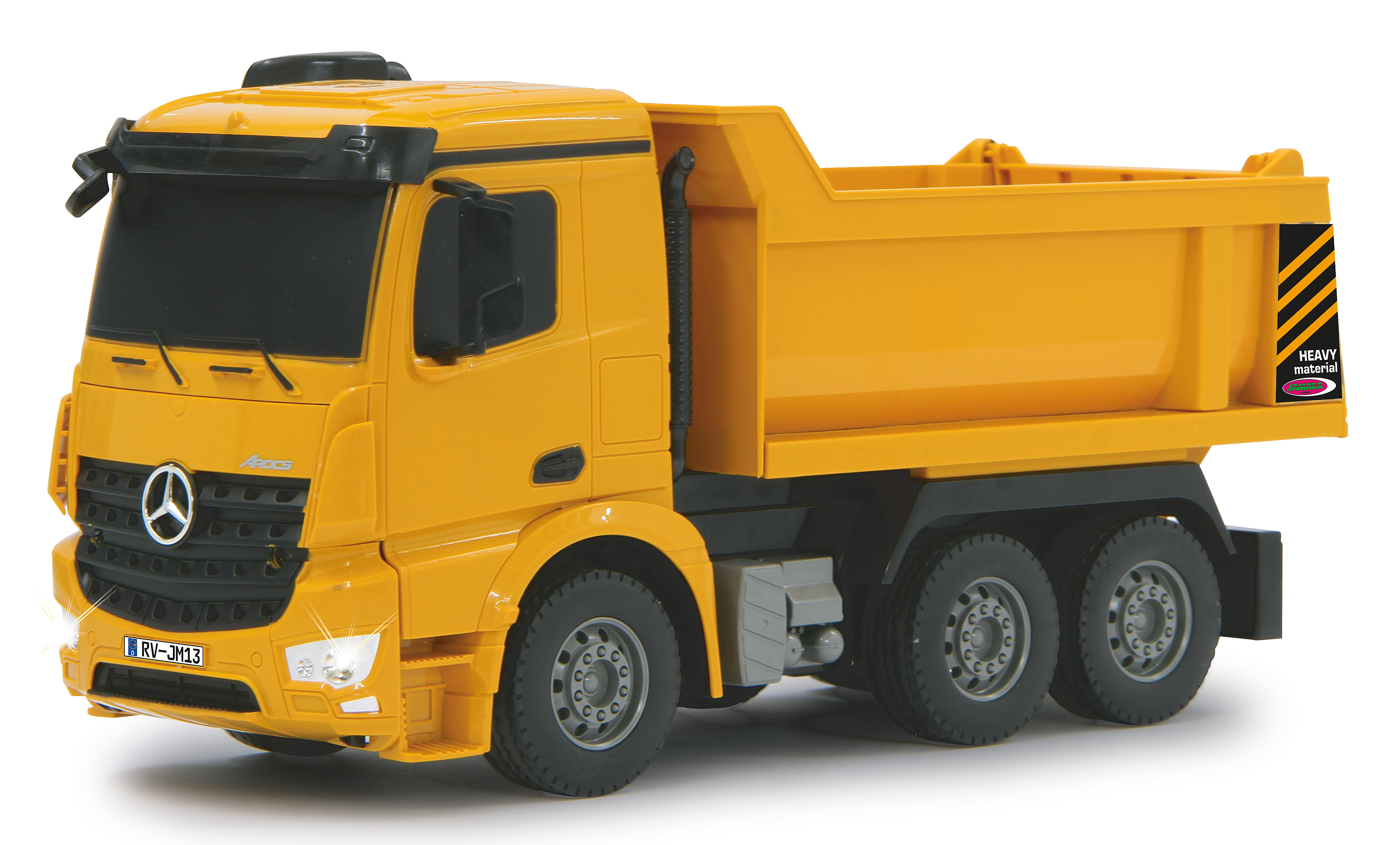 Gelber Spielzeug-Muldenkipper mit schwarzen Reifen, Mercedes-Logo und Heavy-Material-Etikett.