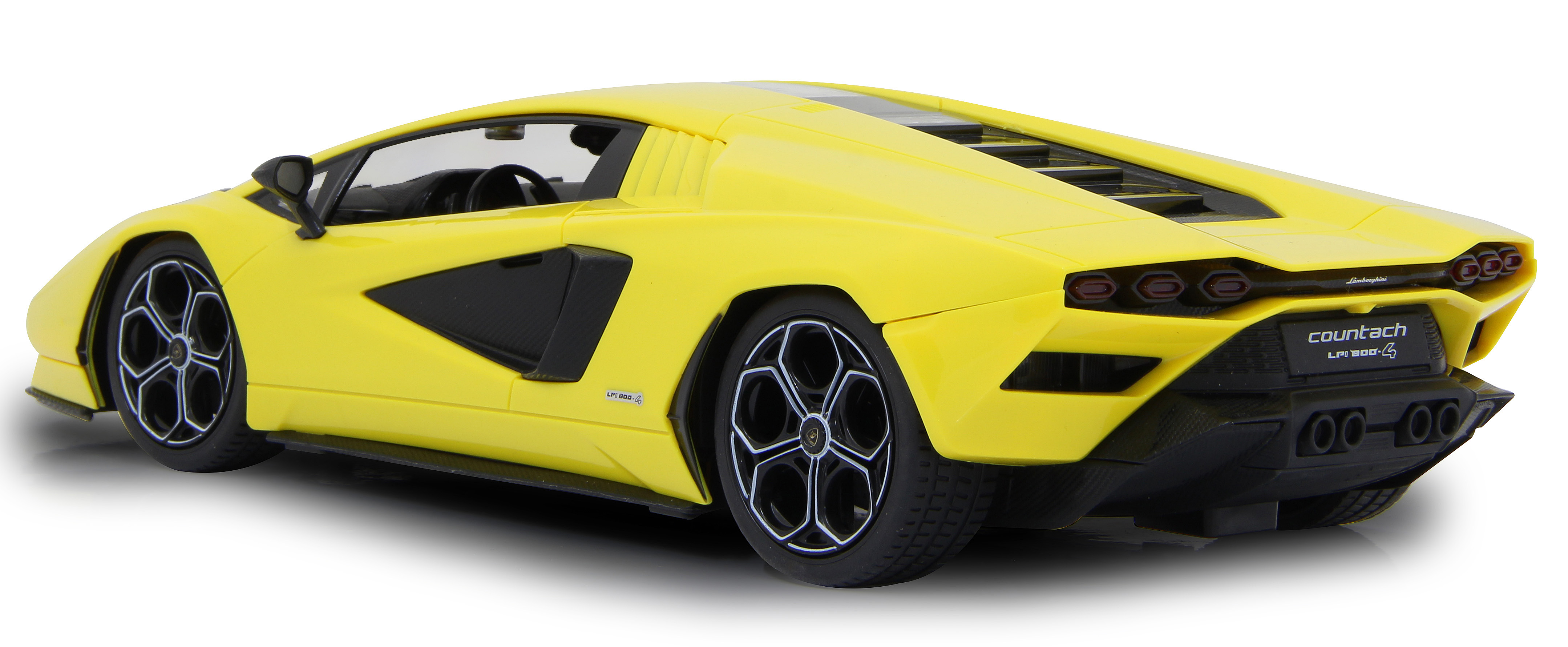 Rückansicht von einem gelben Lamborghini Countach Spielzeugauto auf weißem Hintergrund.