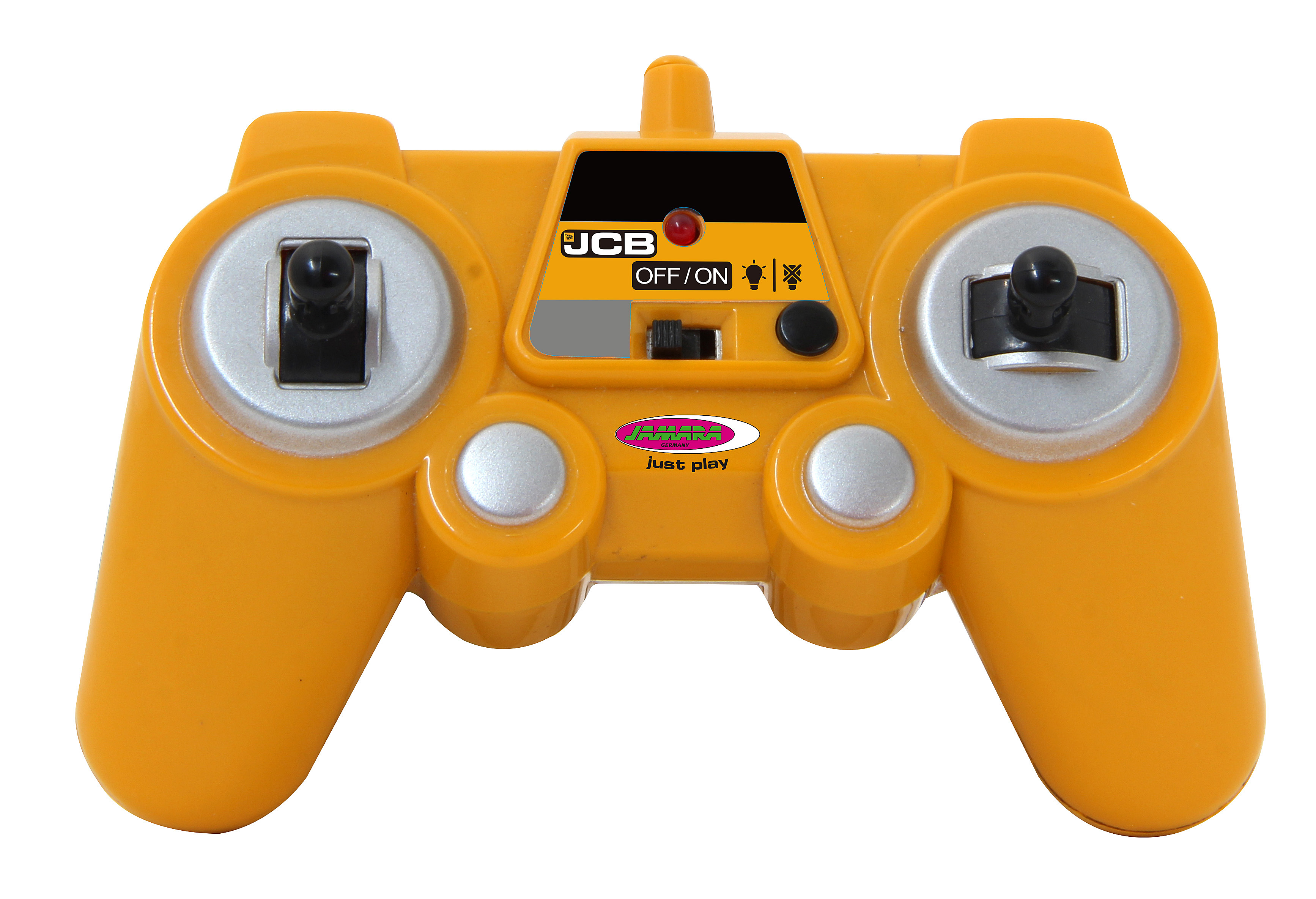 Gelbe Fernbedienung für einen Spielzeugtraktor, mit Knöpfen und dem JCB-Logo.