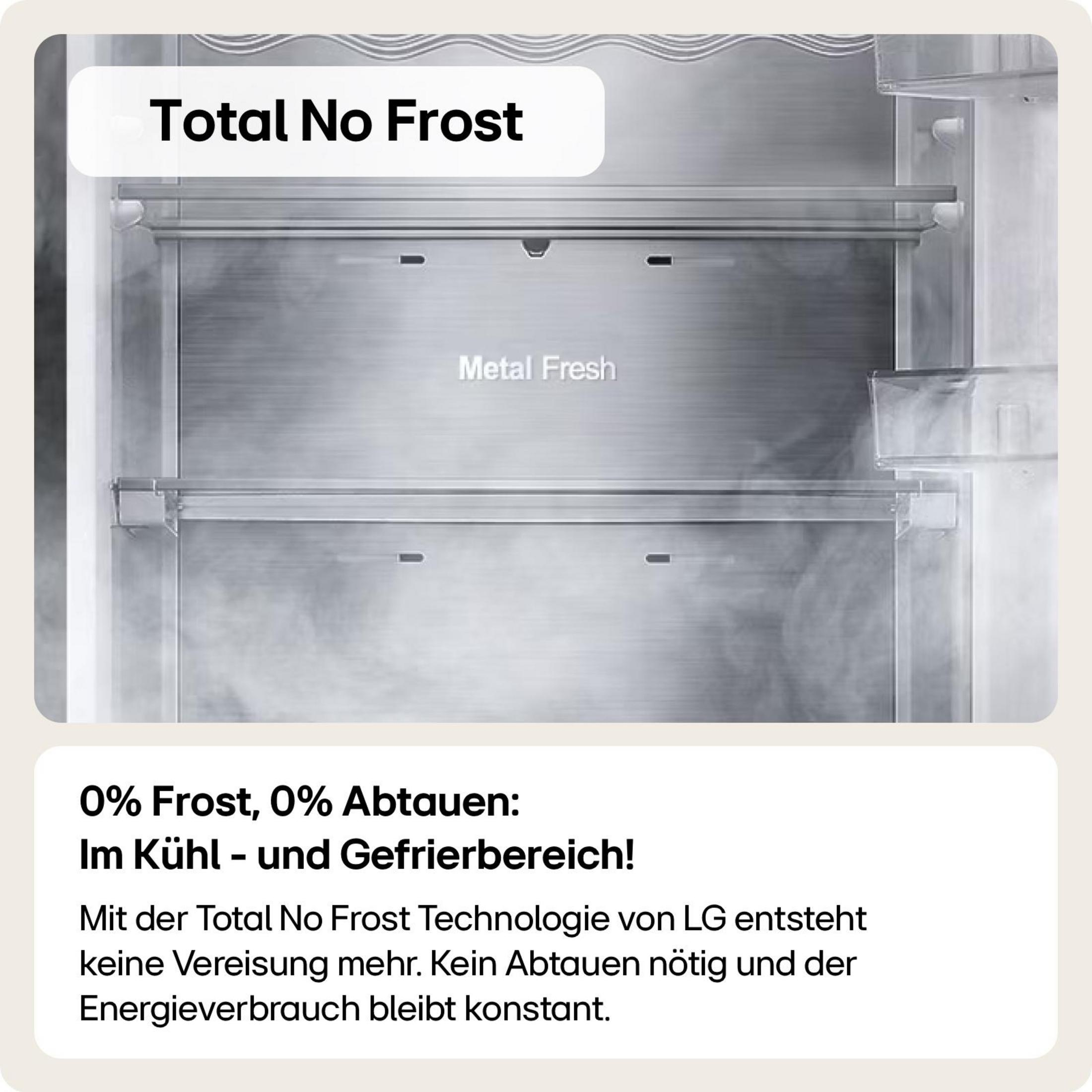 L'immagine mostra l'interno di un frigorifero. La funzione Total No Frost è evidenziata.