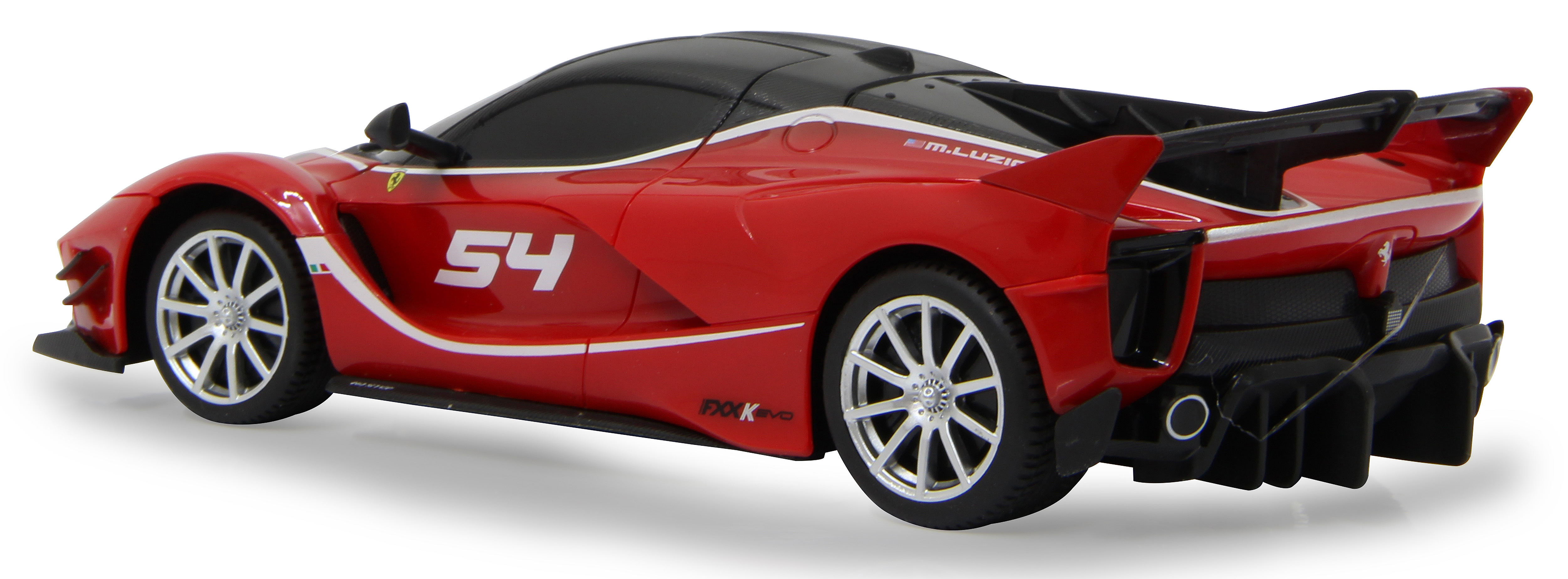 Rotes Spielzeugauto mit schwarzem Dach und weißen Streifen. Die Nummer 54 ist sichtbar.