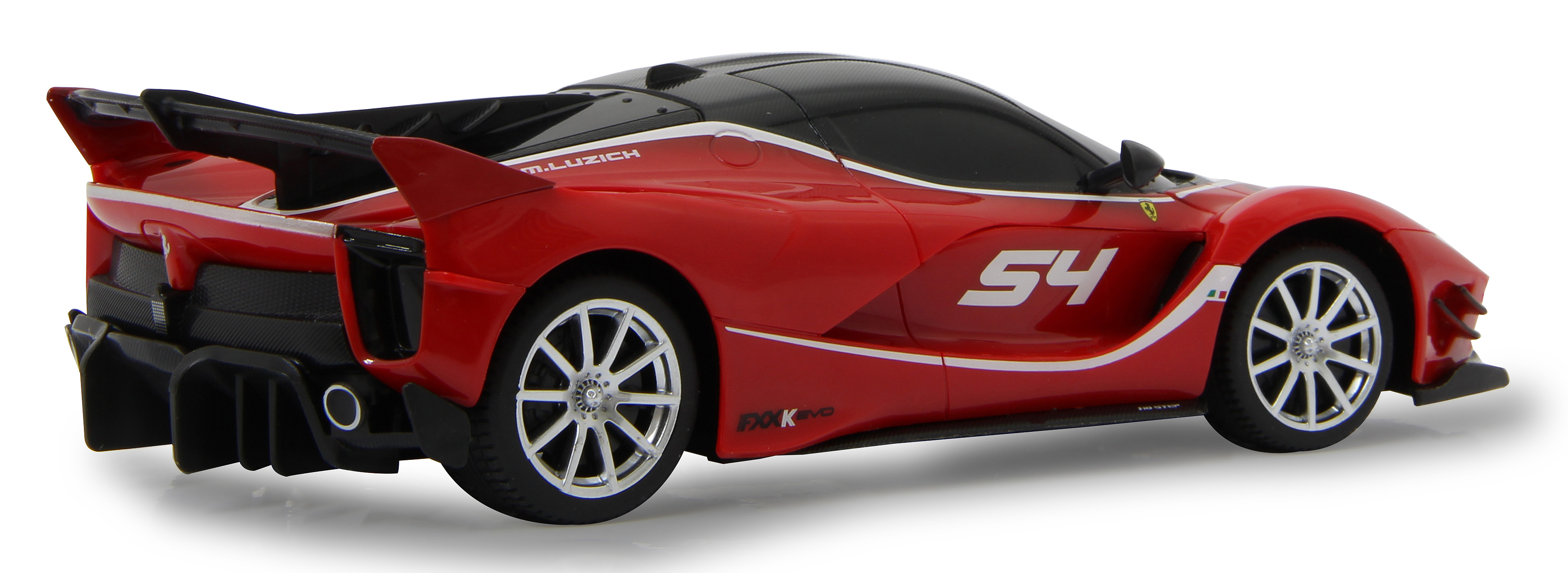 Rotes Spielzeugauto mit schwarzem Dach und weißen Streifen. Die Nummer 54 ist sichtbar.