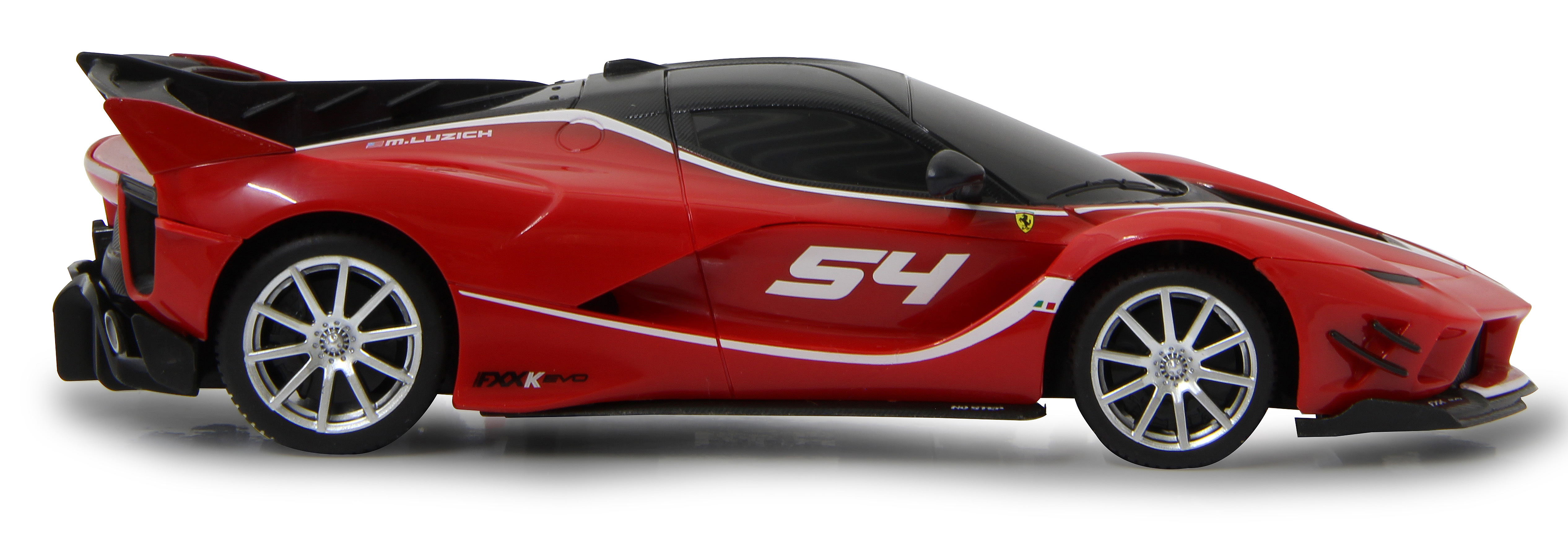 Rotes Spielzeugauto mit schwarzem Dach und weißen Streifen. Die Nummer 54 ist sichtbar.