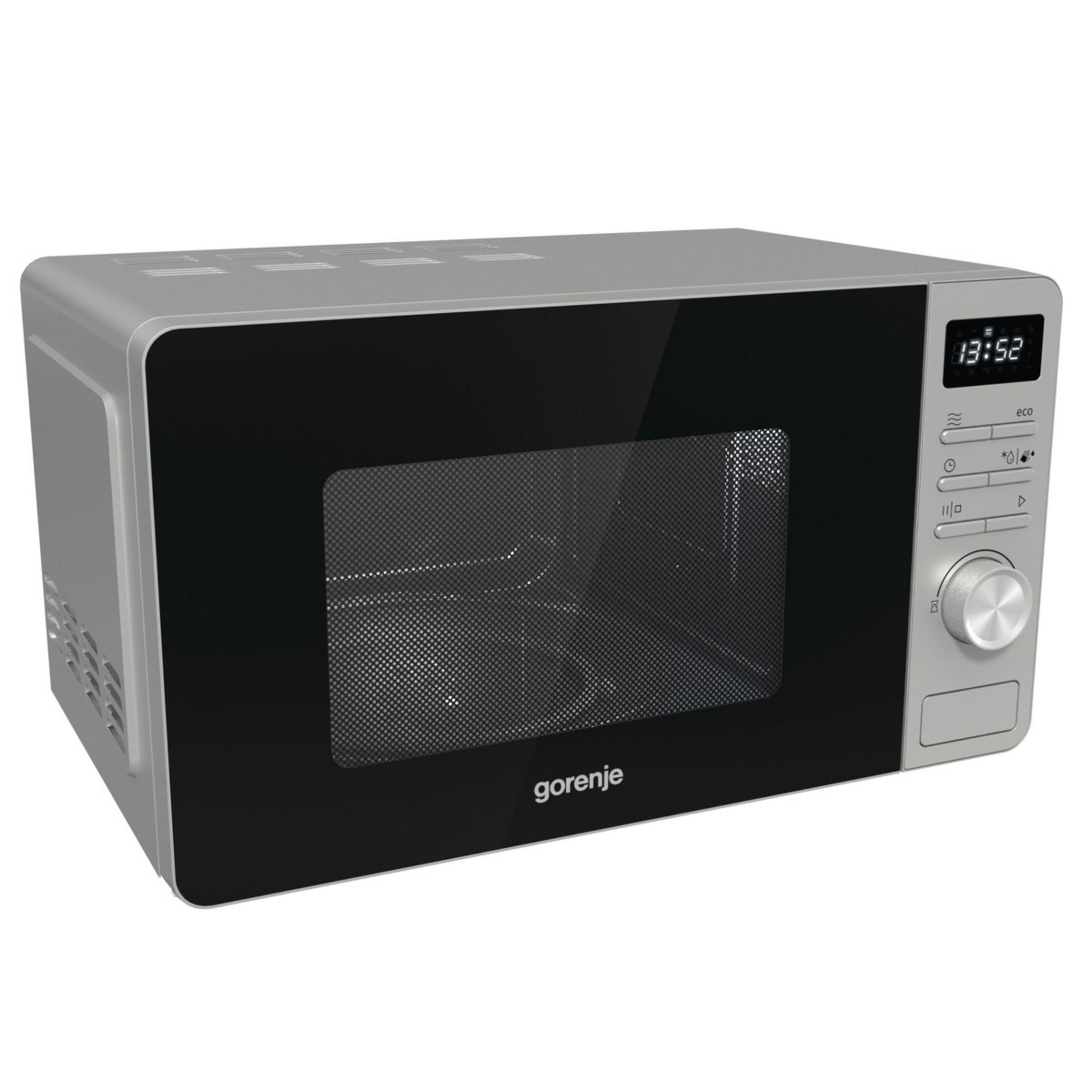 Eine grau-schwarze Gorenje-Mikrowelle. Das Display zeigt die Uhrzeit.