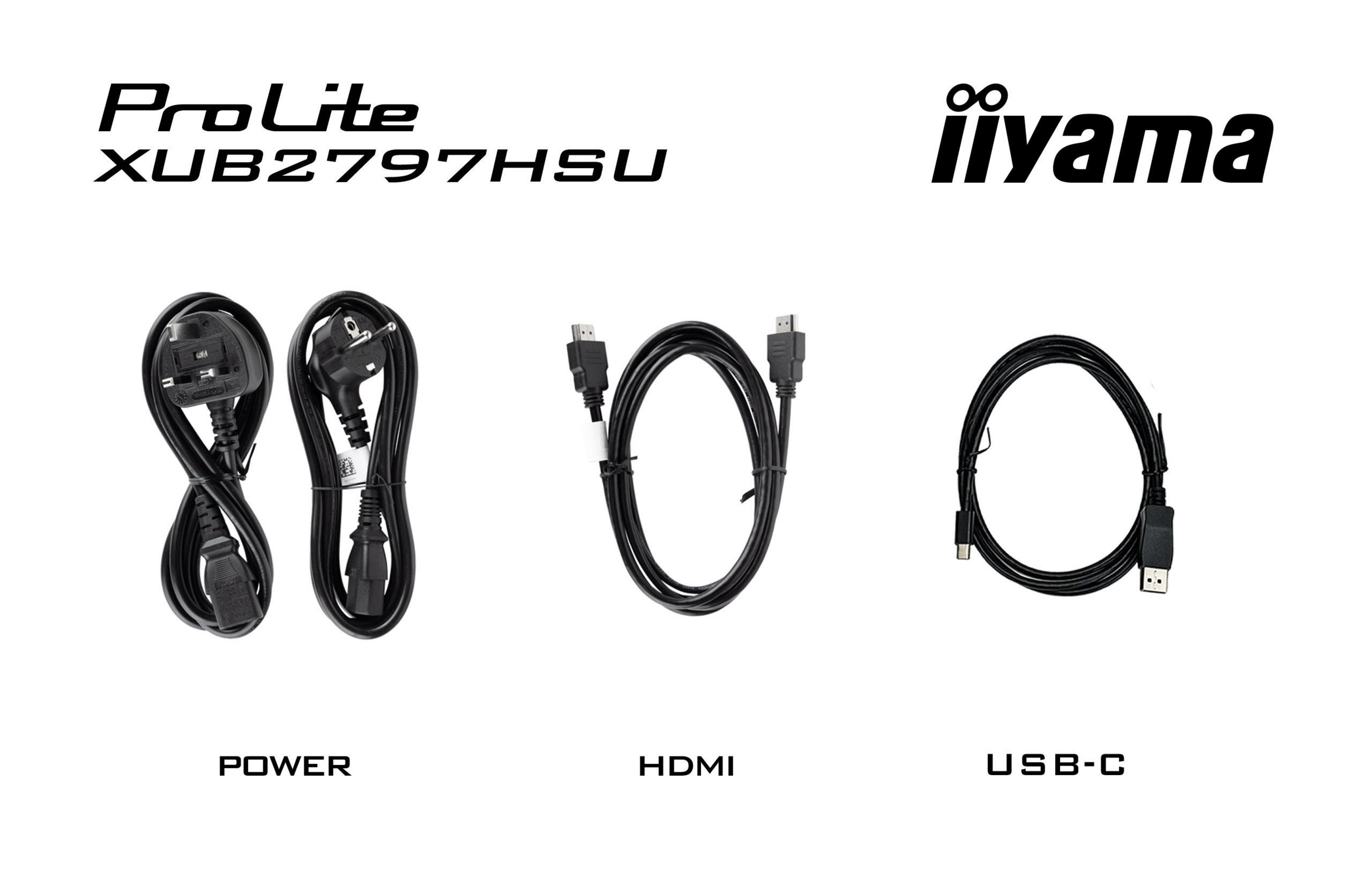 Zestaw kabli do monitora: zasilanie, HDMI i USB-C. Marka to ProLite iiyama.