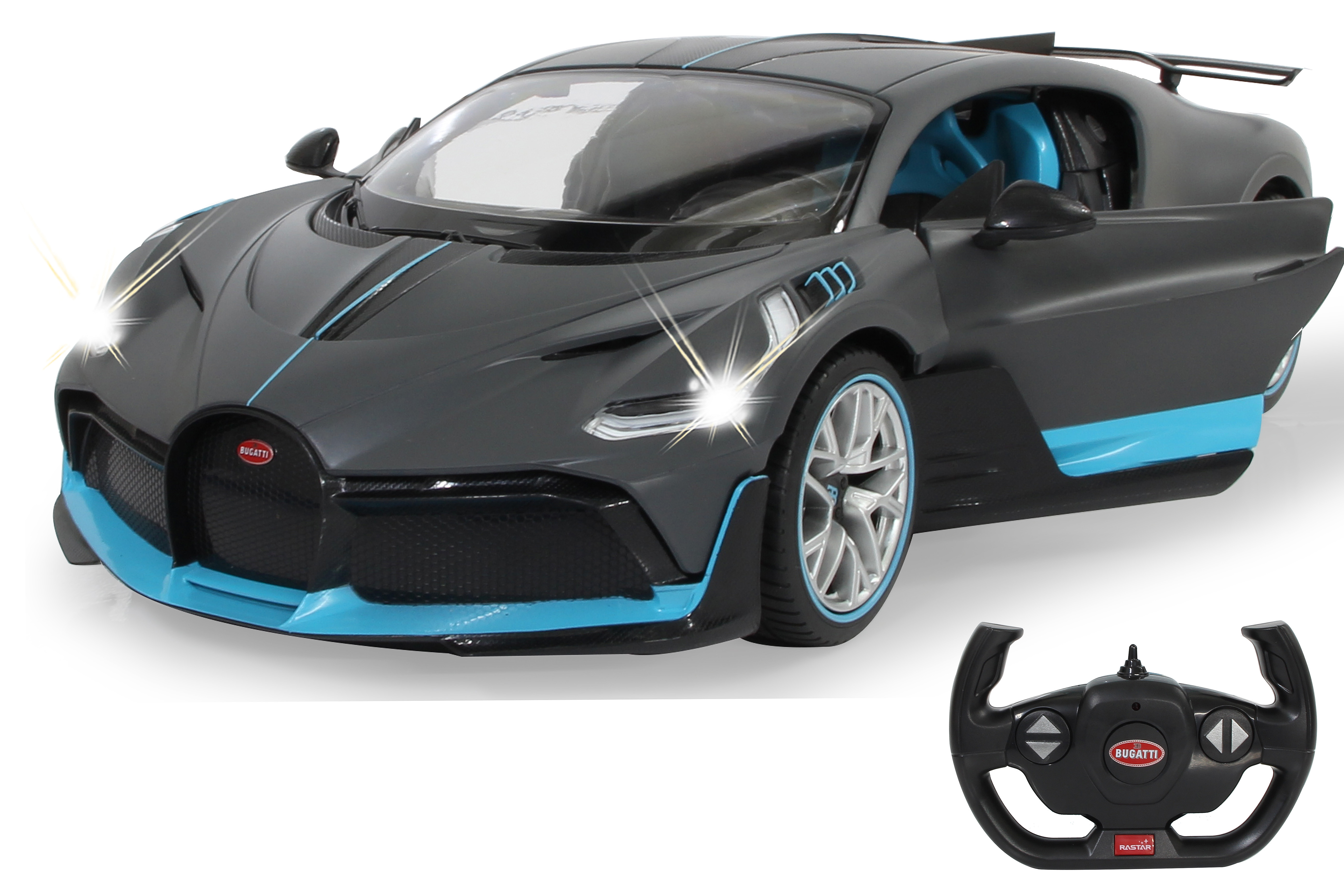 Ein graues Bugatti Divo Spielzeugauto mit blauen Akzenten, eingeschalteten Scheinwerfern und Fernbedienung.