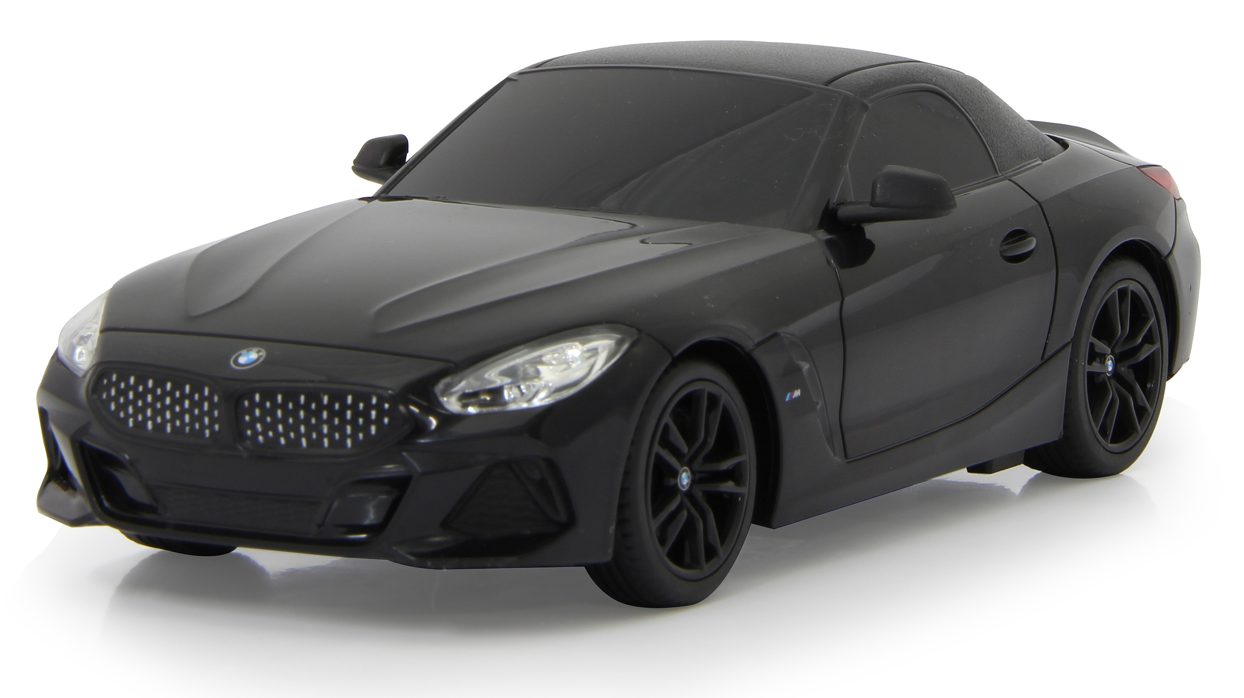 Schwarzes BMW Z4-Automodell mit schlankem Design. Das Auto steht vor weißem Hintergrund.