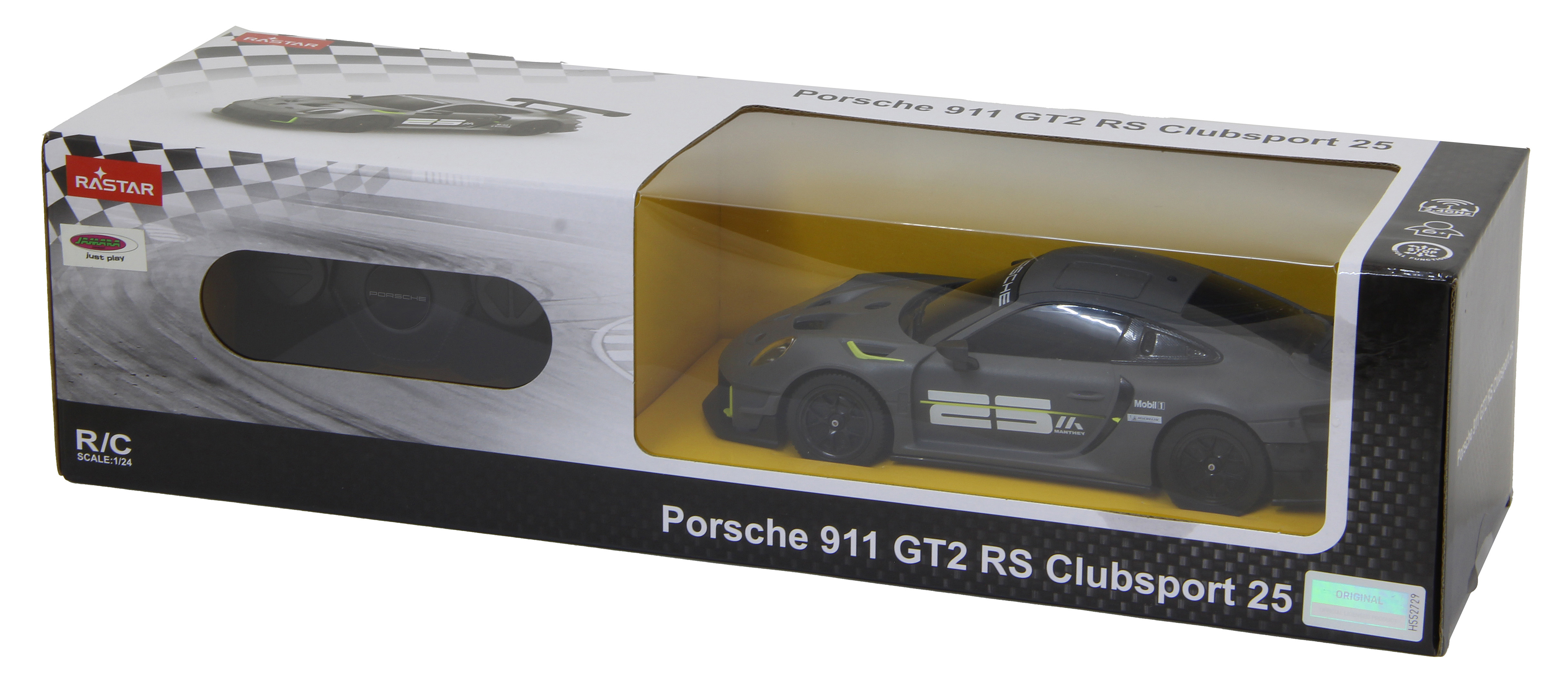 Ein verpacktes Porsche 911 GT2 RS Clubsport 25 Modellauto, grau mit gelben Akzenten, in seiner Verpackung ausgestellt.