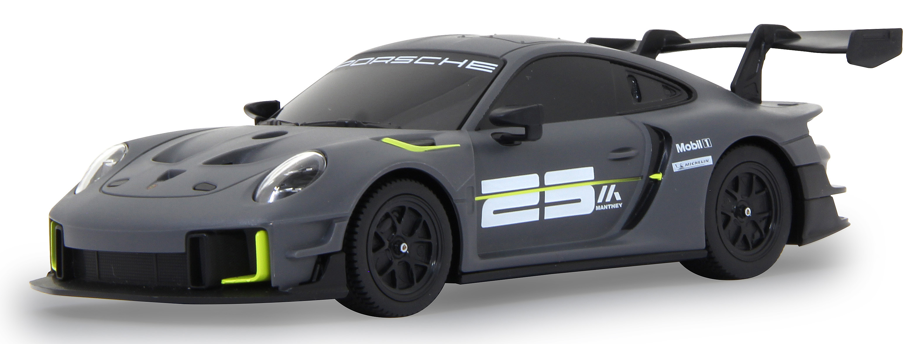 Ein graues Porsche 911 GT2 RS Clubsport 25 Modellauto, das aerodynamische Merkmale und Designdetails zeigt.