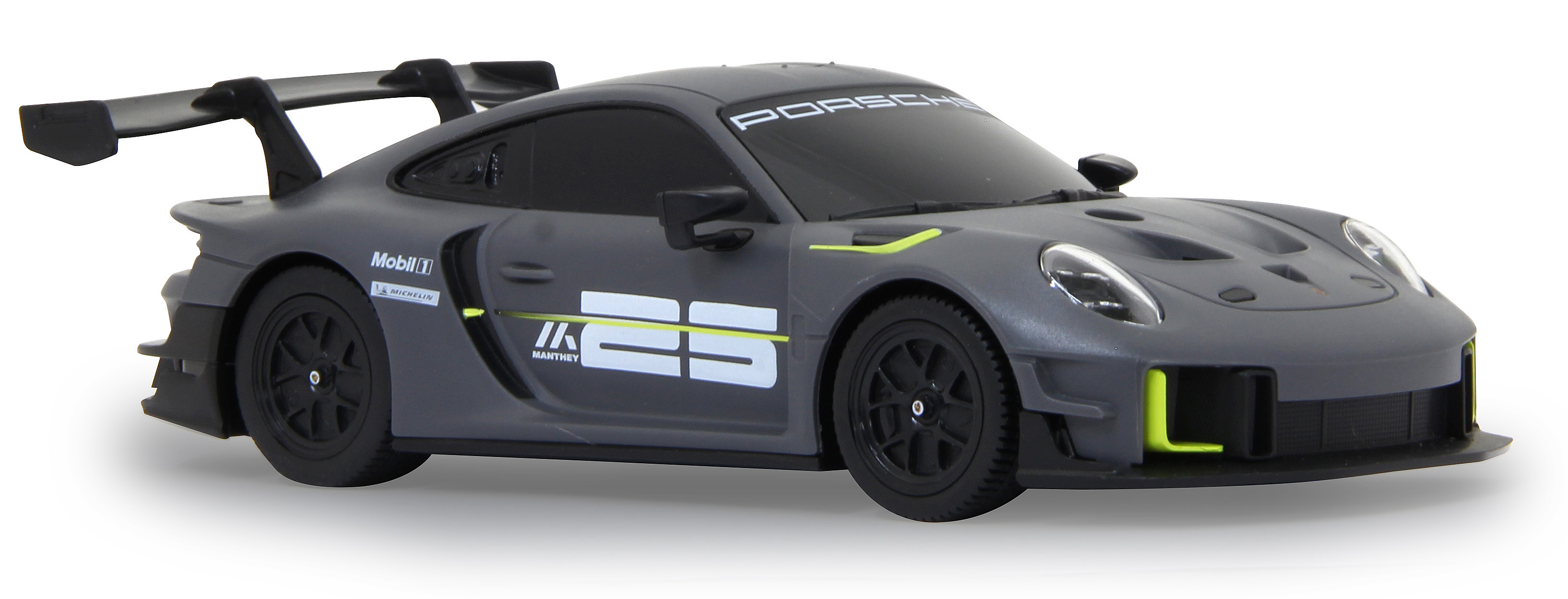 Ein graues Porsche 911 GT2 RS Clubsport 25 Modellauto mit einem großen Heckflügel, der sein sportliches Design hervorhebt.