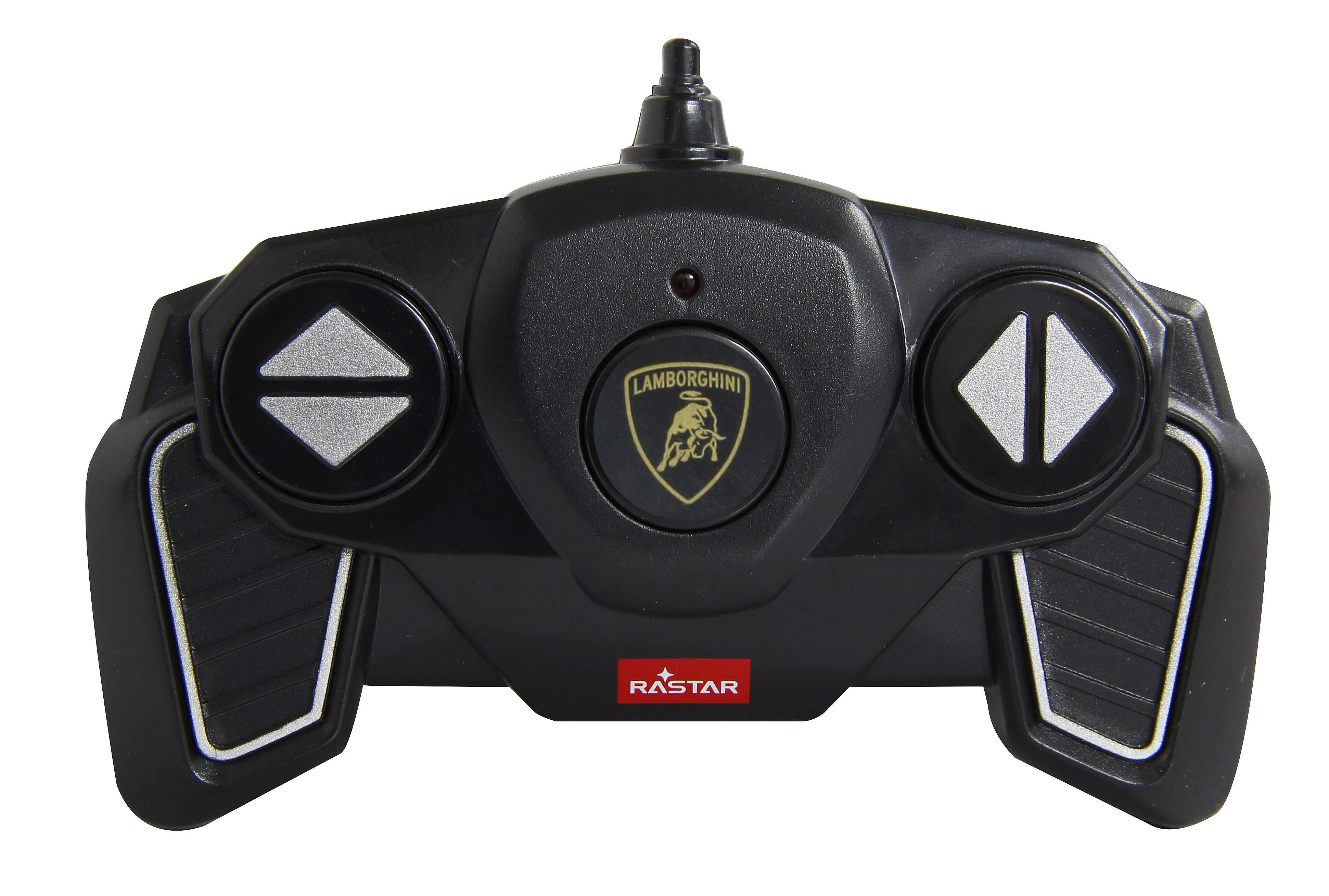 Schwarze Fernbedienung mit Lamborghini-Logo und Pfeilen. Mit Lamborghini-Logo und der Marke RASTAR.