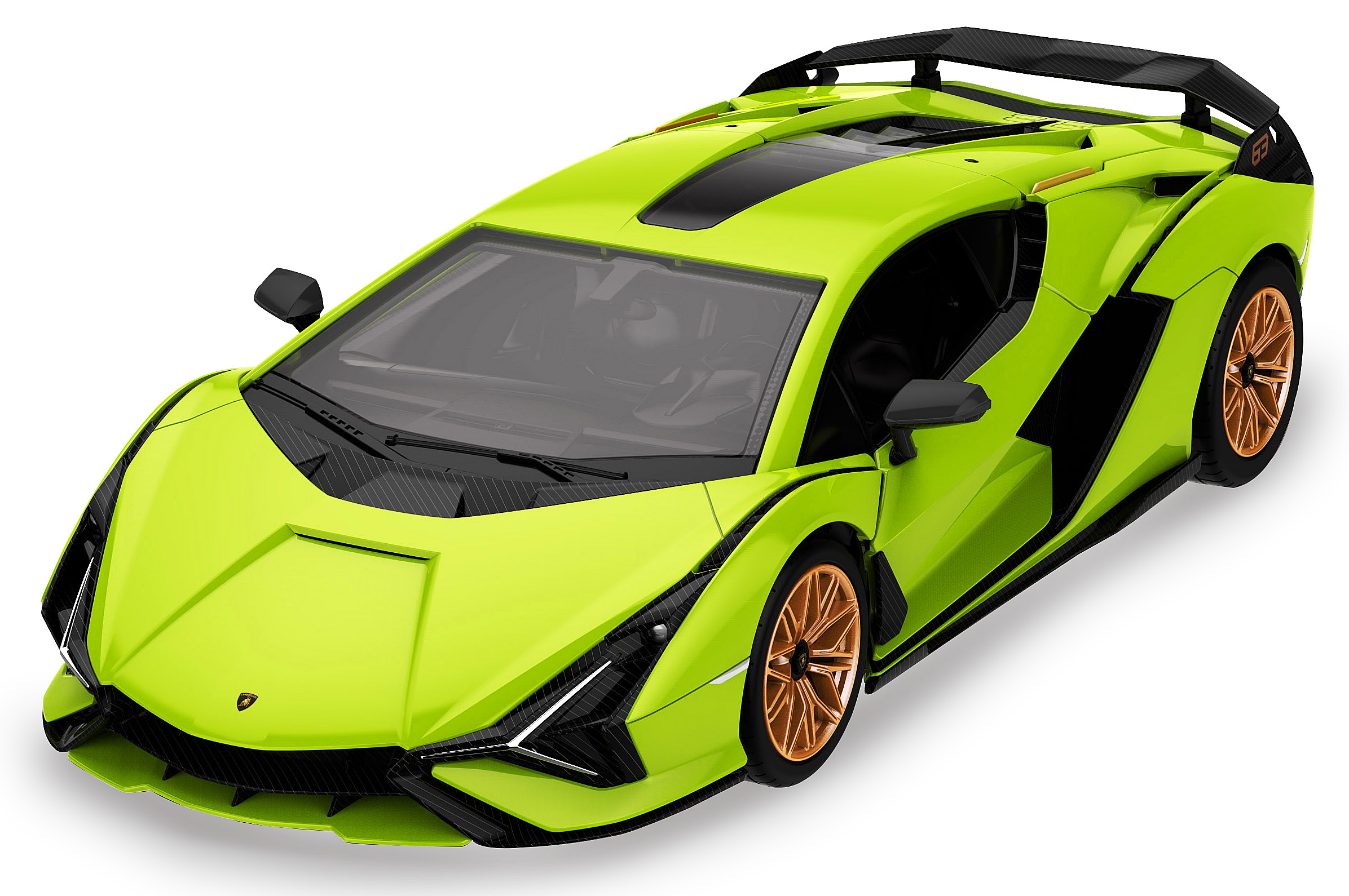 Hellgrünes Lamborghini-Spielzeugauto mit offenen Türen und goldenen Rädern, von oben betrachtet, isoliert auf Weiß.