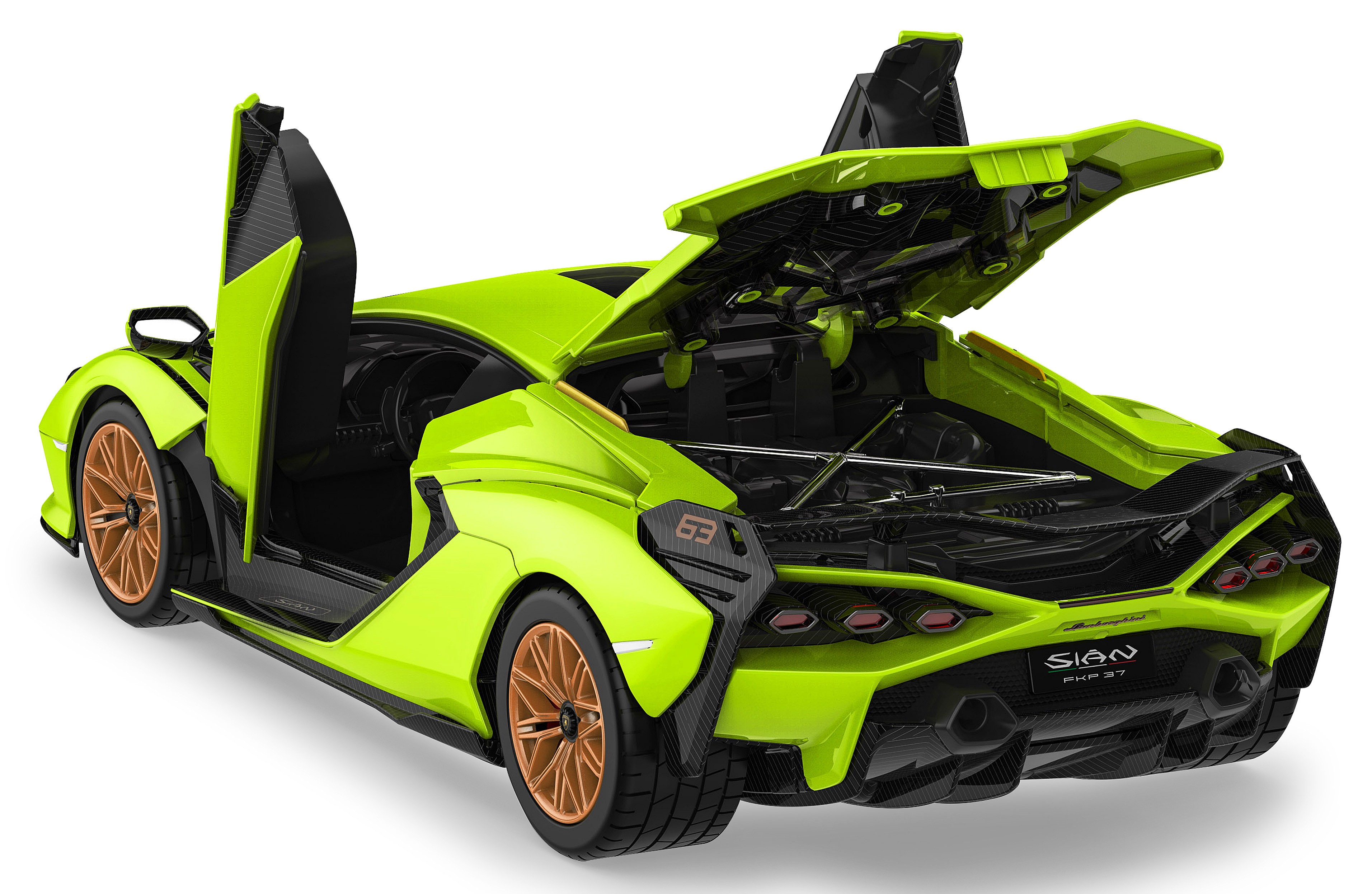 Hellgrüner Lamborghini Sián mit geöffneten Türen und Motorhaube. Bronzefarbene Felgen. Rückansicht.