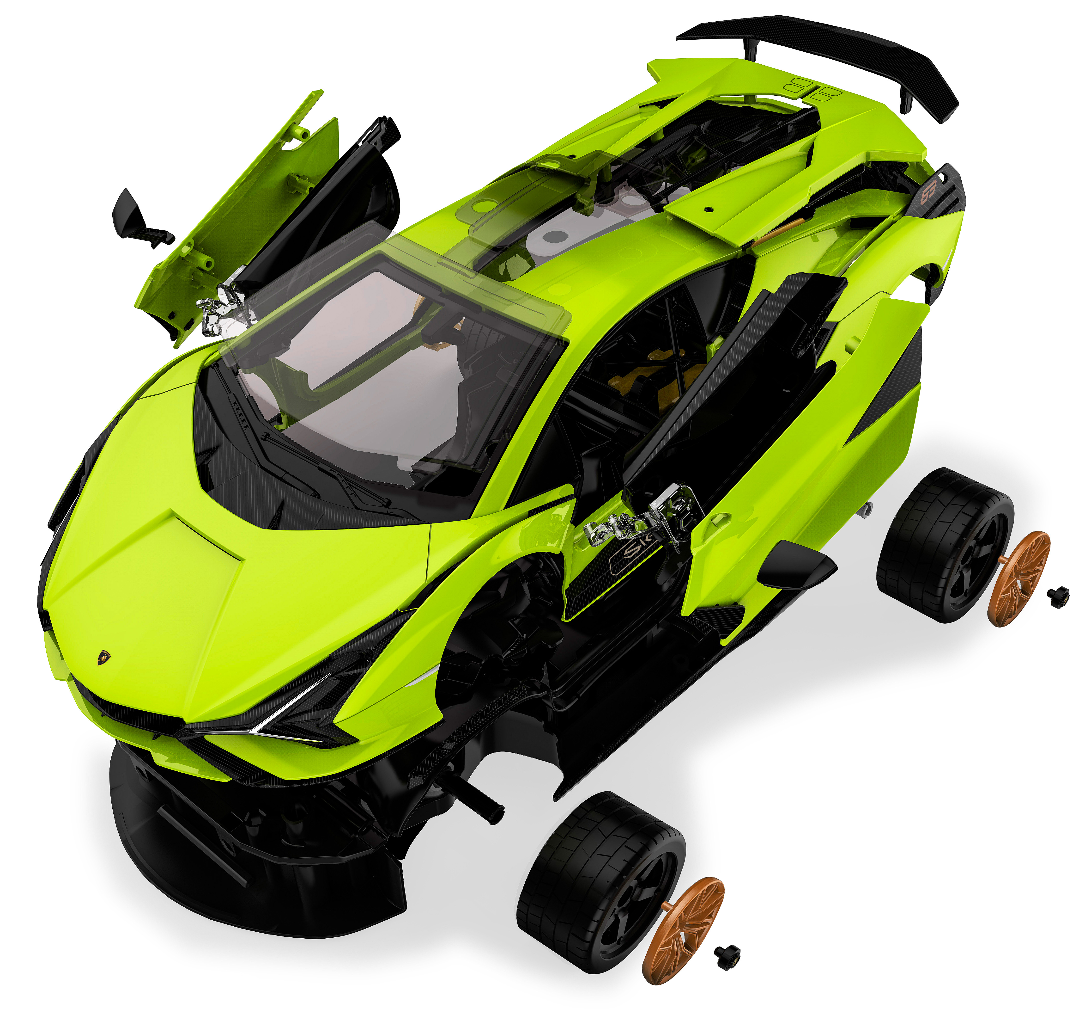 Explosionsansicht eines hellgrünen Lamborghini Sián Modells mit entfernten Teilen und Reifen.
