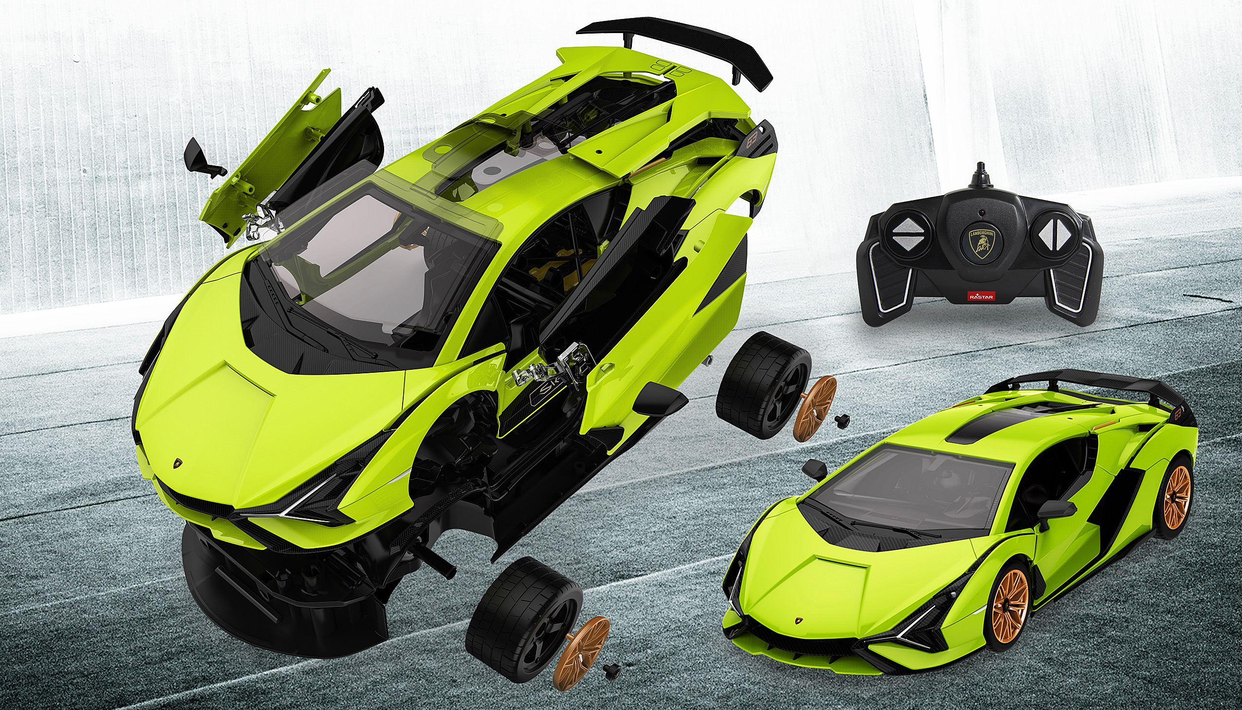 Ein hellgrünes Lamborghini Sián Modell, teilweise zerlegt, mit Fernbedienung und einem weiteren Modell.