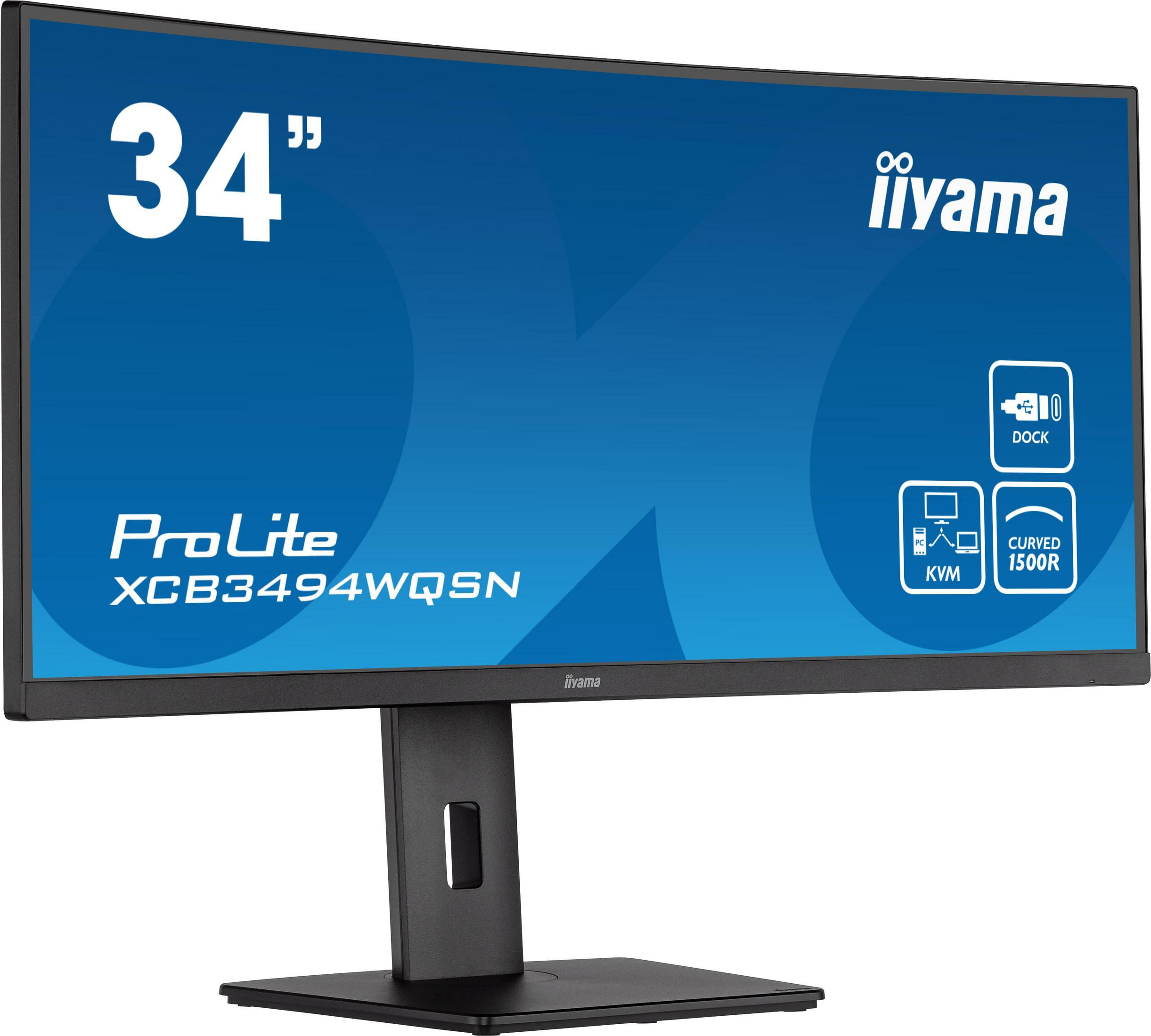 Ein gebogener 34-Zoll-iiyama ProLite Monitor mit schwarzem Ständer vor blauem Hintergrund.