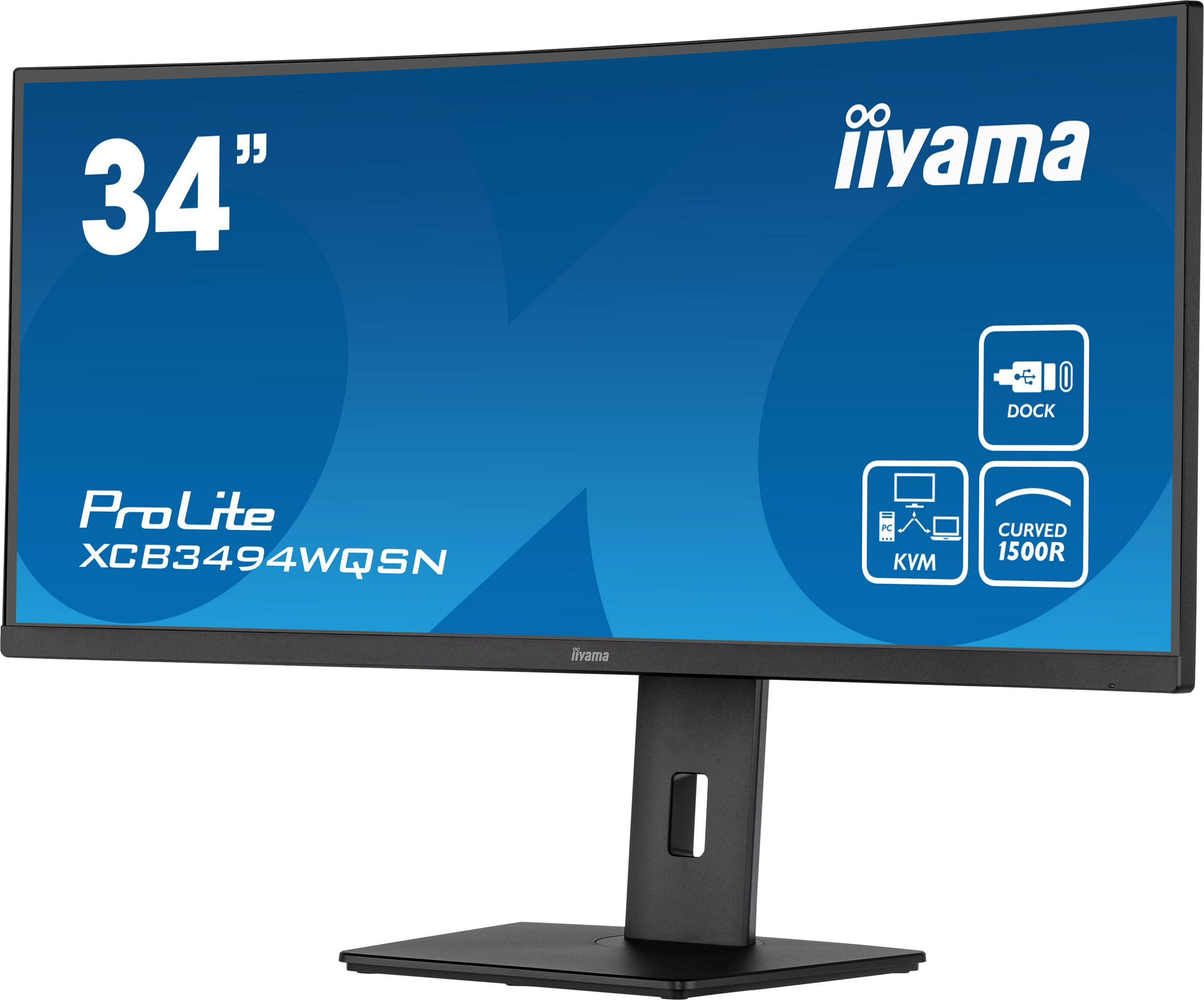 Ein gebogener 34-Zoll-iiyama ProLite Monitor mit schwarzem Ständer vor blauem Hintergrund.