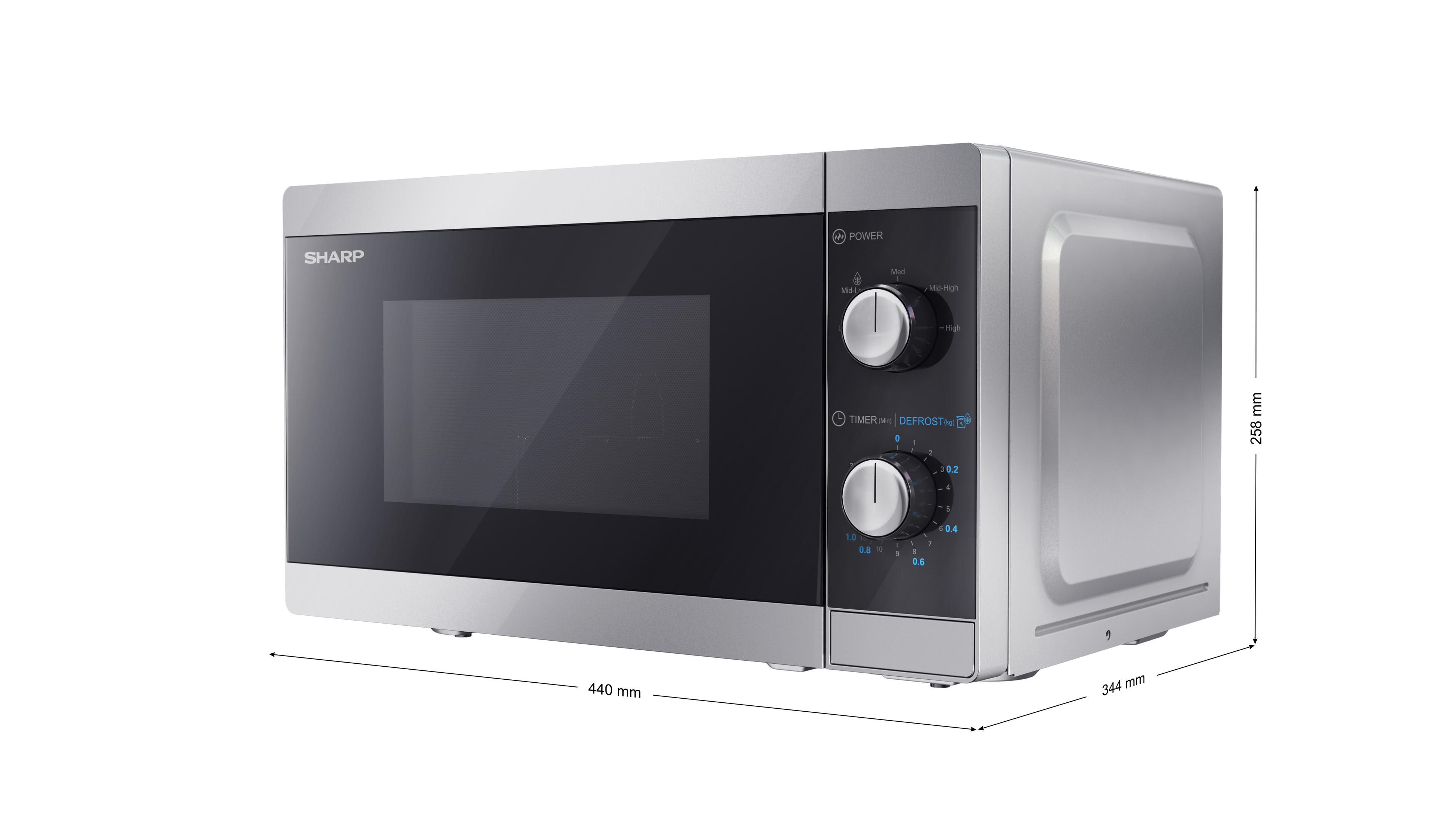 Un horno microondas Sharp con dimensiones etiquetadas: 440 mm, 344 mm y 258 mm.
