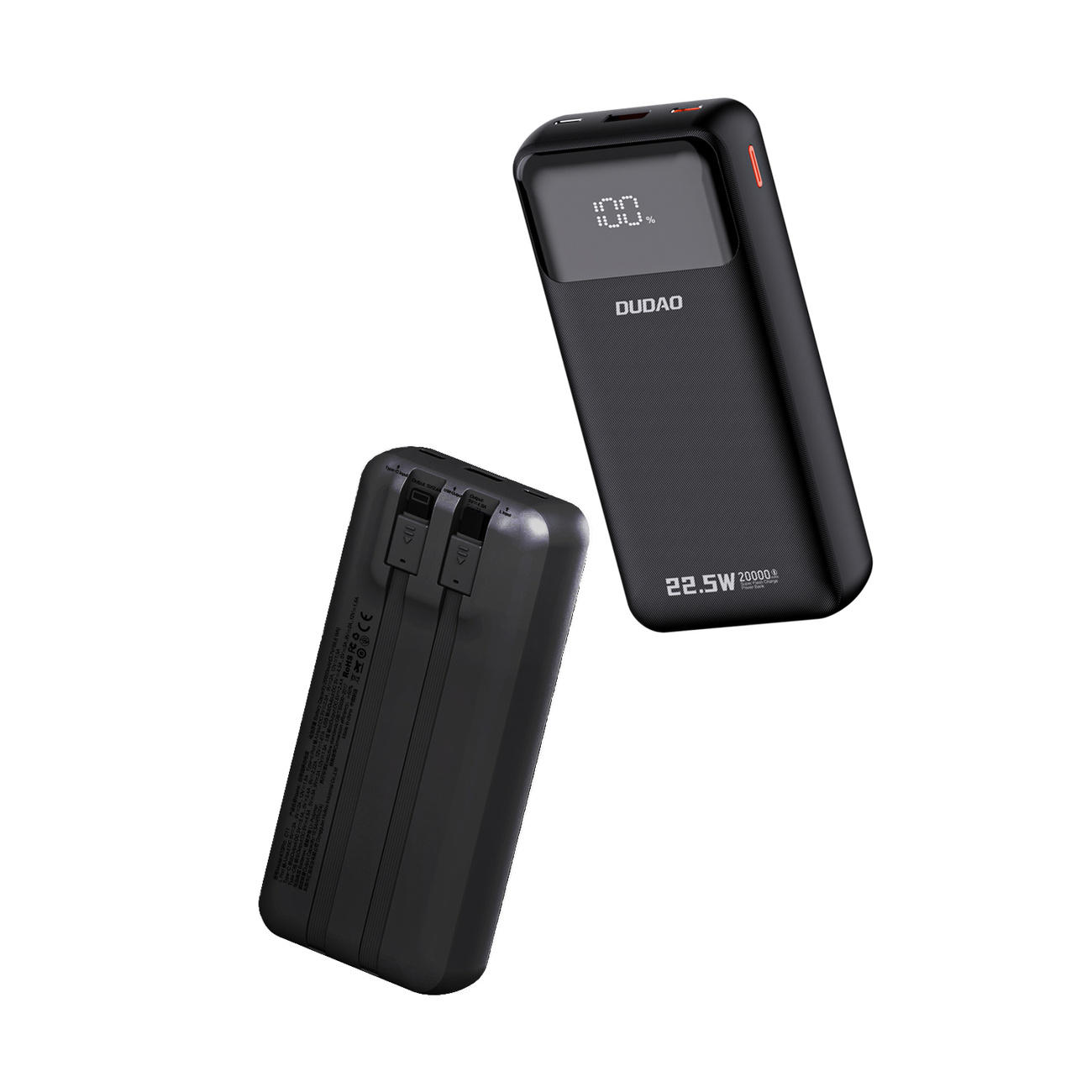 Zwei schwarze Powerbanks mit digitaler Anzeige des Ladeprozentsatzes.