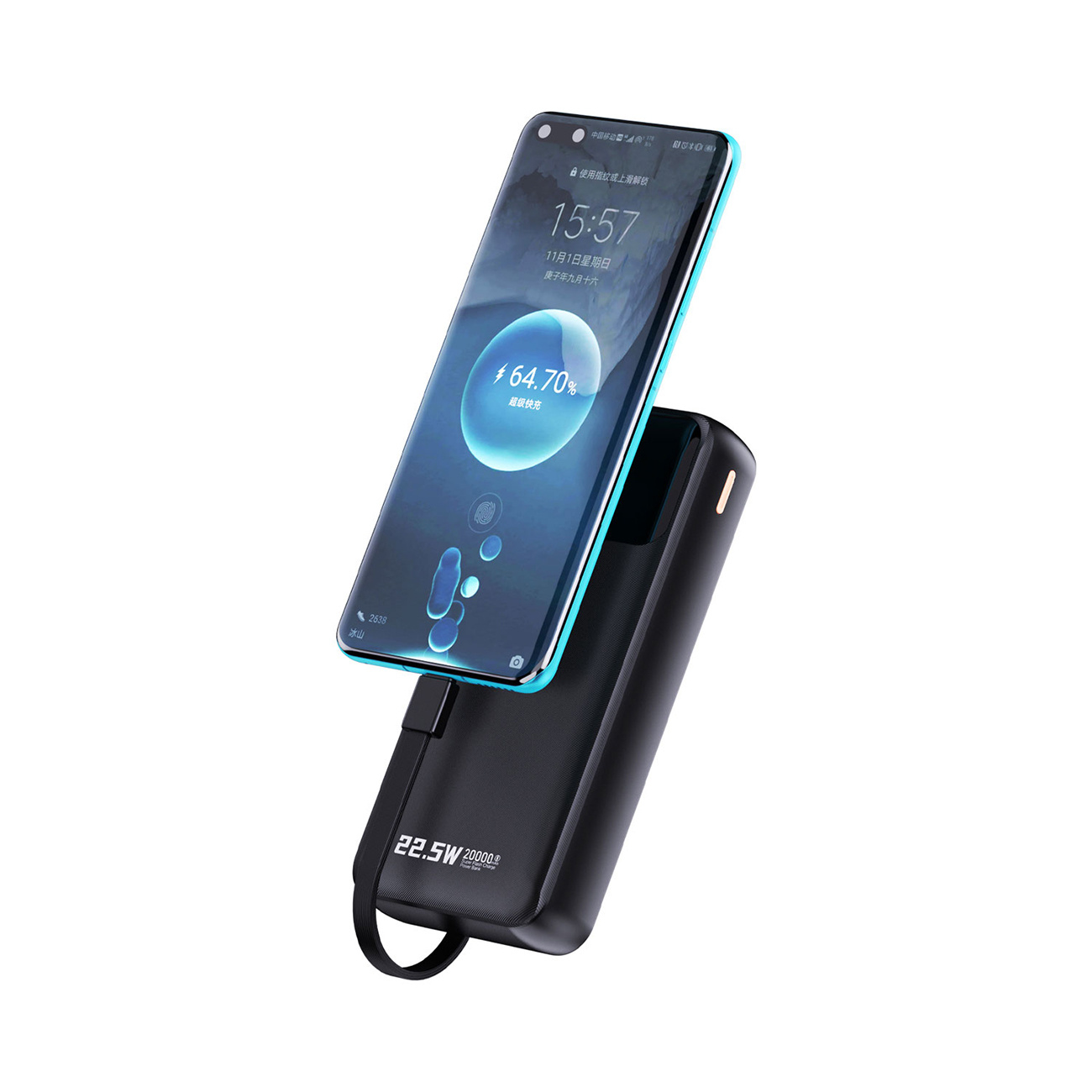 Eine schwarze Powerbank, die ein türkisfarbenes Telefon auflädt.