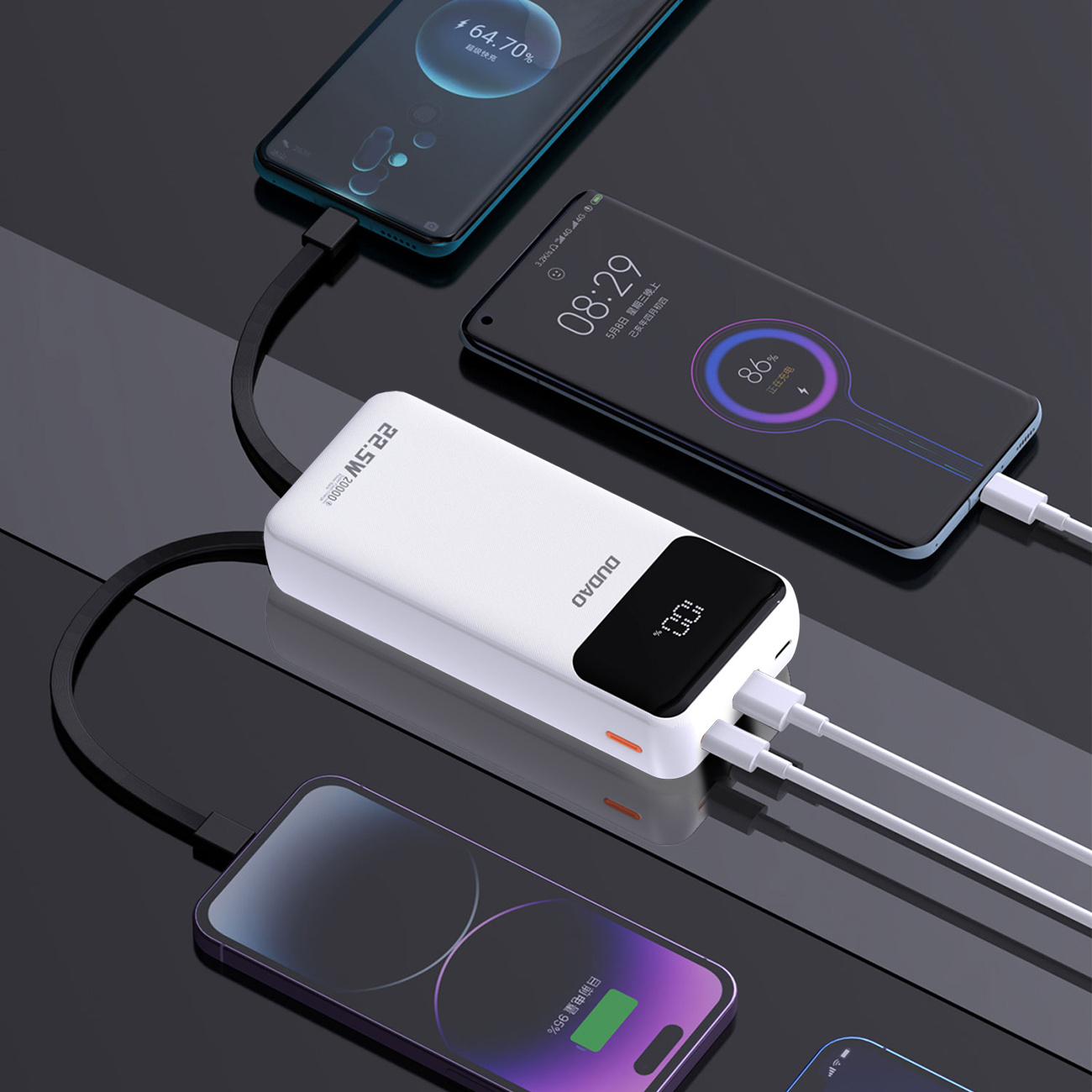 Weiße Powerbank lädt drei Telefone. Telefone zeigen unterschiedliche Ladeprozentsätze und Uhrzeit.