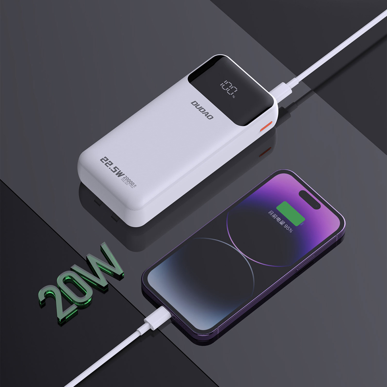 Weiße Powerbank lädt ein Telefon auf. Telefon zeigt 95% Ladung an. 20W Text im Hintergrund.