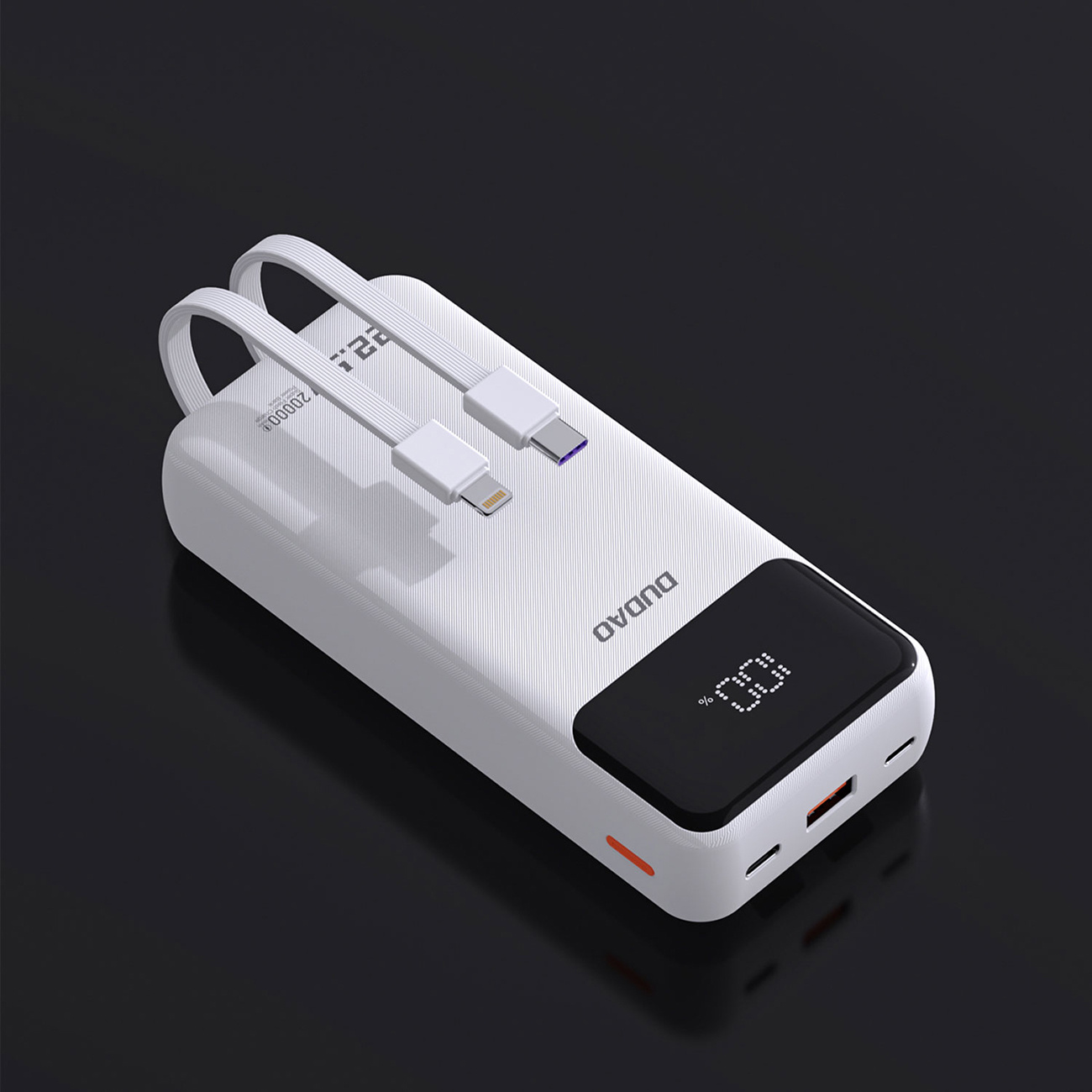 Weiße Powerbank mit zwei Ladekabeln. Das Design beinhaltet eine digitale Anzeige.