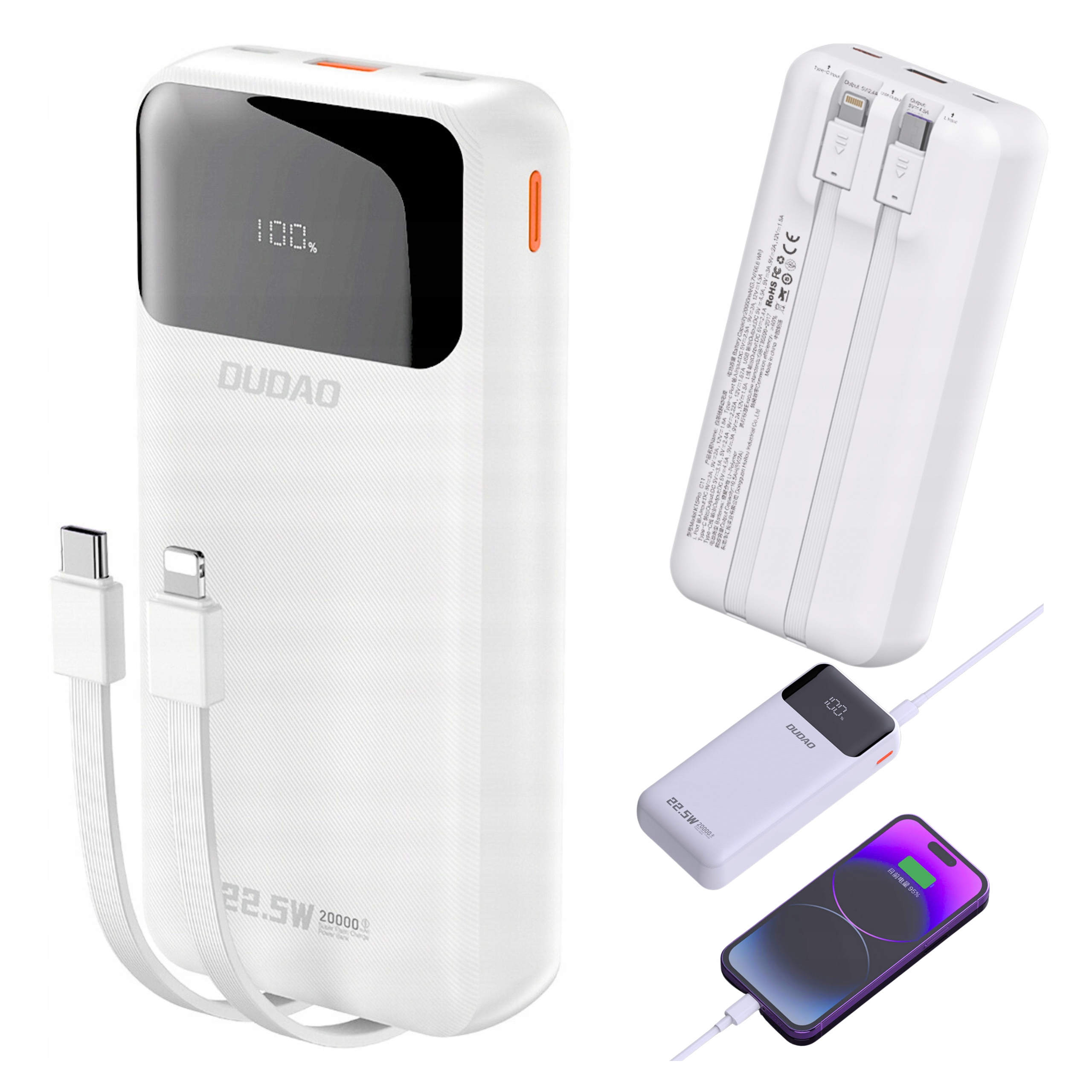 Eine weiße Powerbank mit Ladekabeln und zusätzlichen Produktansichten. Das Hauptgerät zeigt 100%.