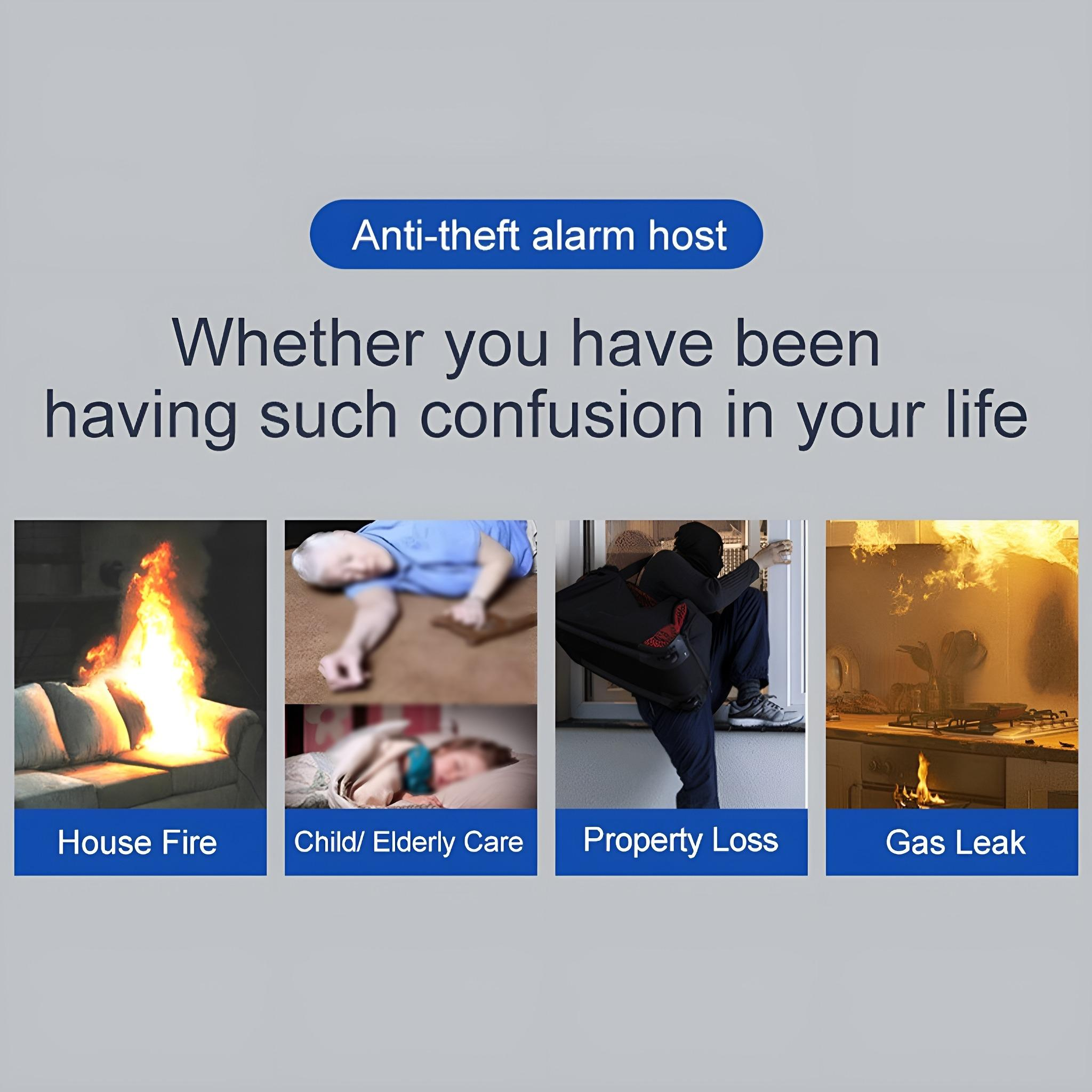 Vier Bilder, die Gefahren im Haushalt darstellen: Hausbrand, Altenpflege, Eigentumsverlust und Gasleck, mit Text darunter.