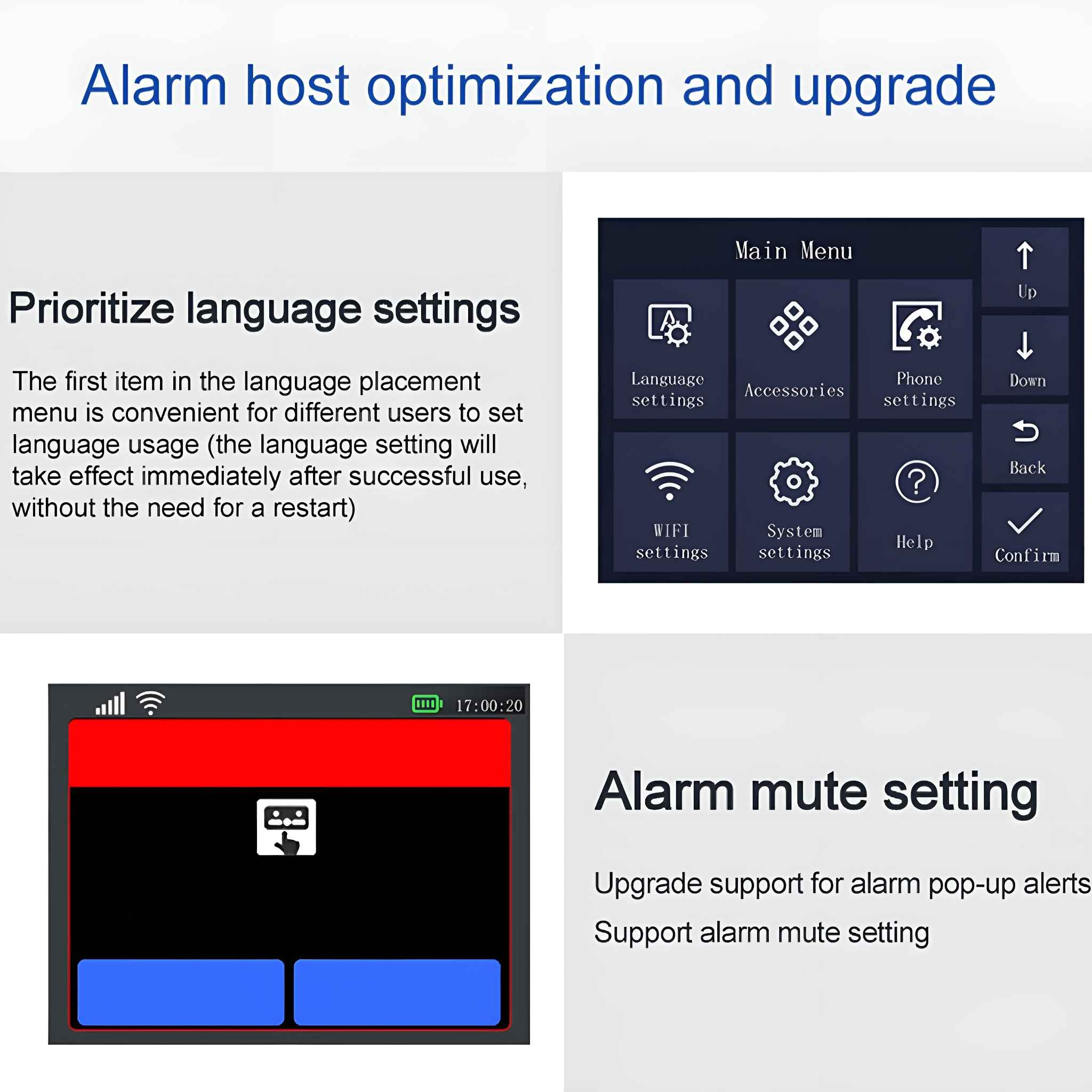 Alarm-Host-Optimierung und -Upgrade-Oberfläche mit Spracheinstellung. Hauptmenü-Optionen auf dem Bildschirm.