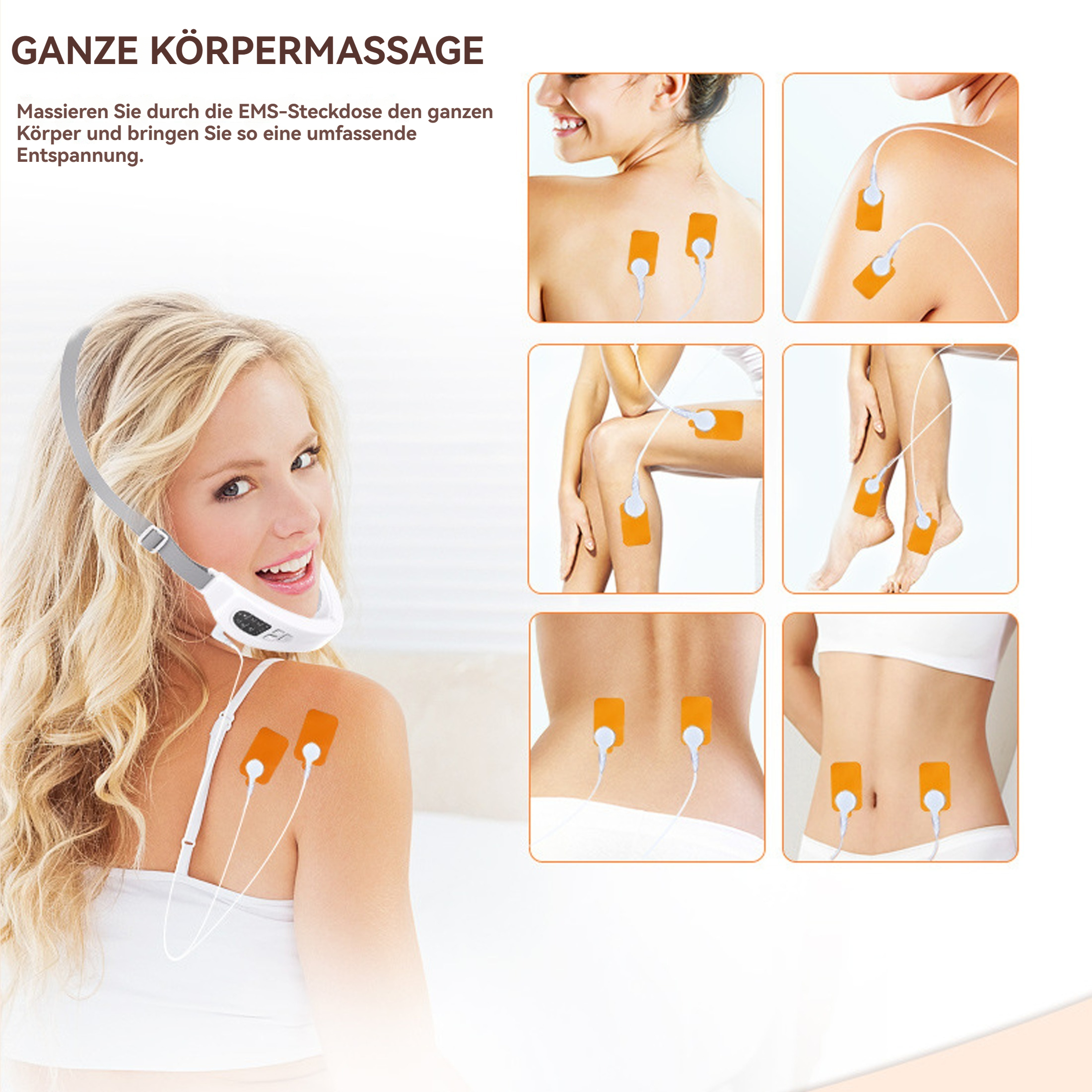 Frau mit EMS-Gerät im Gesicht, Diagramme zeigen Platzierung an Körperteilen mit orangen Pads.