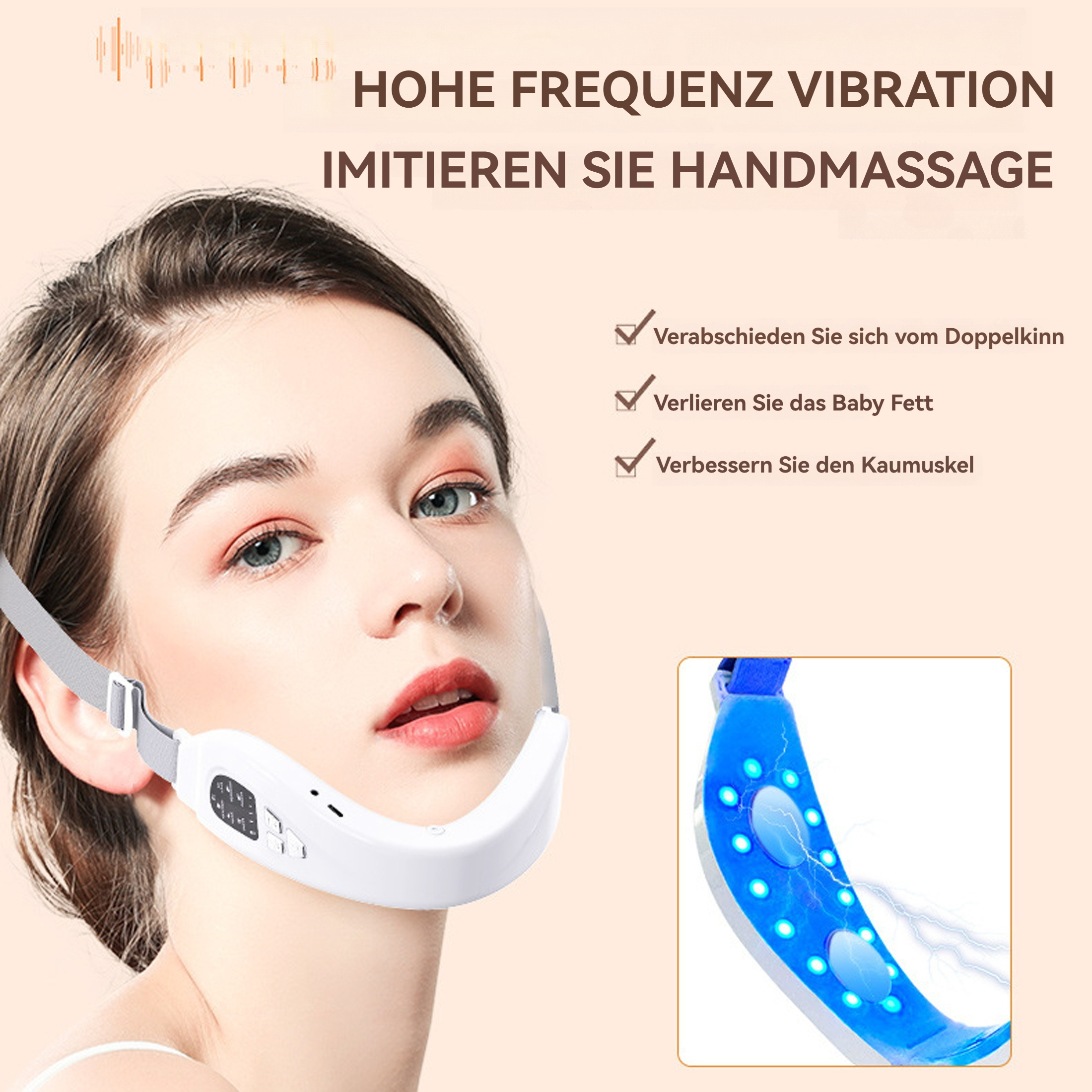 Frau mit weißem Gerät, mit blauem Licht, und eine Grafik eines Geräts mit blauen Lichtern und Häkchen.