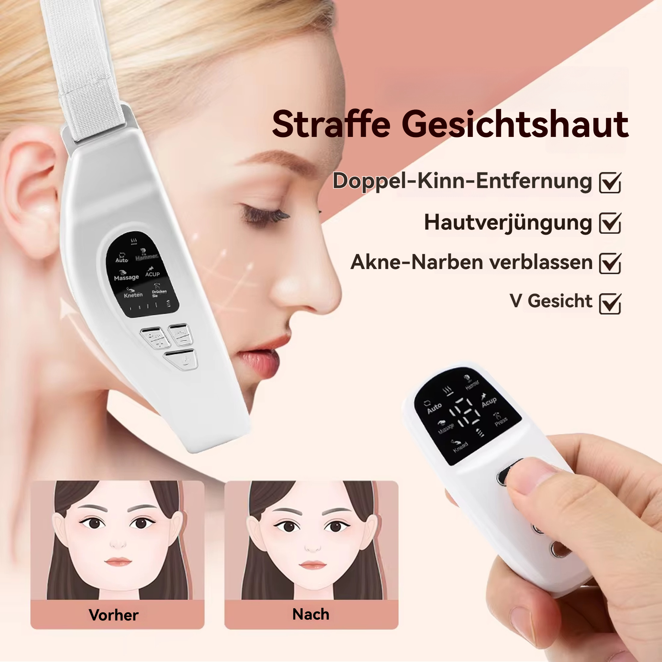 Frau mit weißem Gesichtsgerät. Vorher- und Nachher-Bilder eines Gesichts mit Häkchen neben einigen Behauptungen.