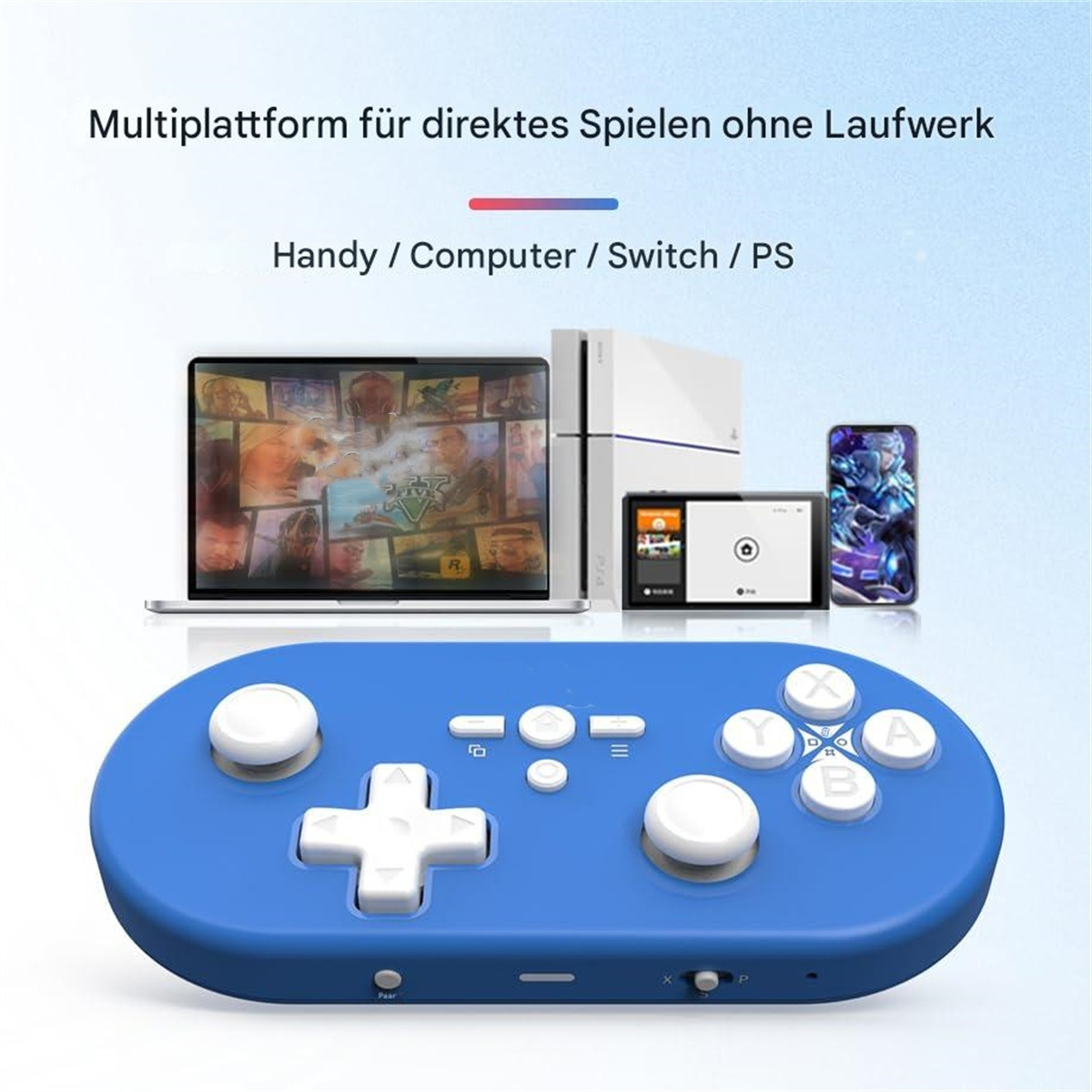 Blauer Controller mit weißen Knöpfen, neben Laptop, Telefon und Konsolen.