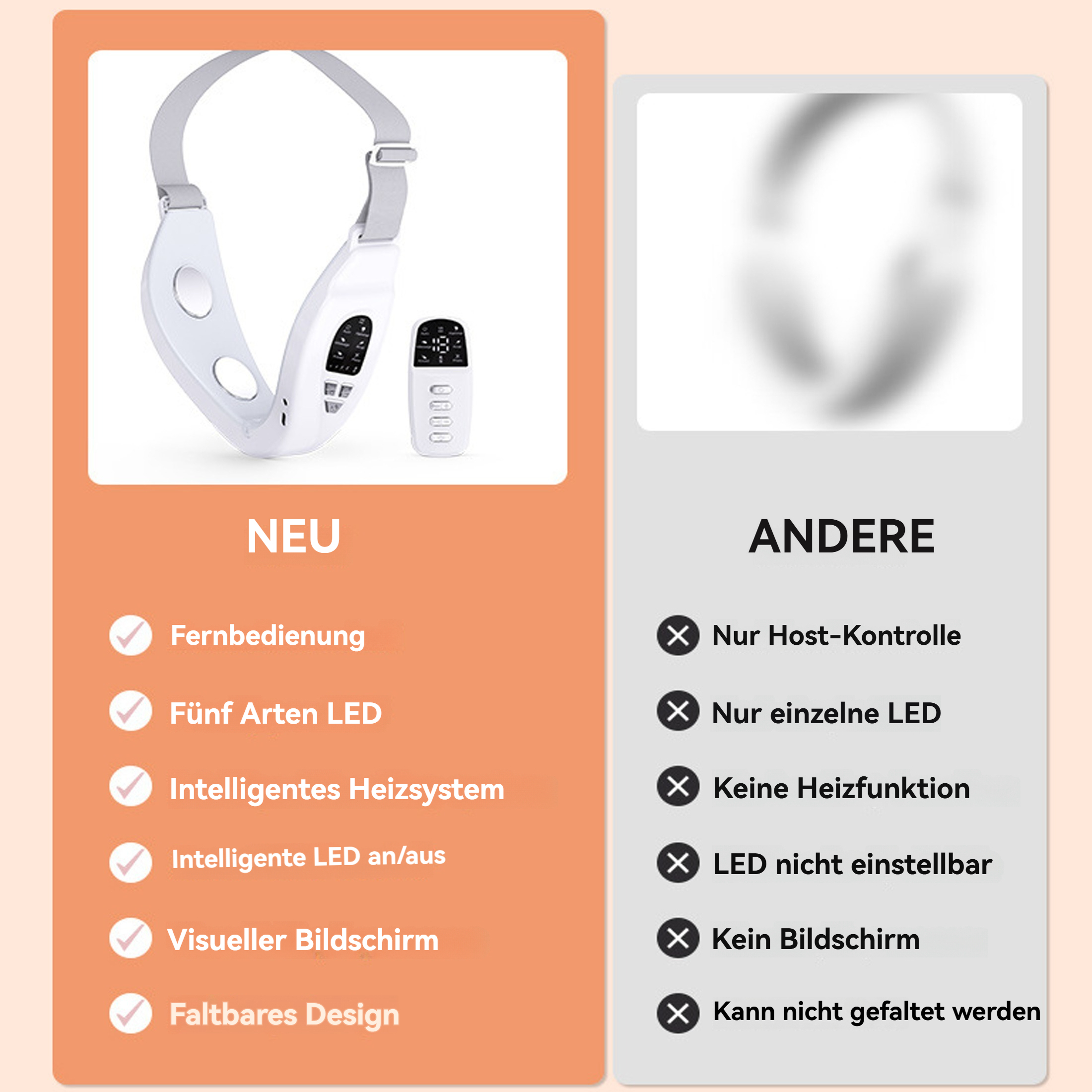 Ein weißes Gesichtsmassagegerät mit Fernbedienung und verschiedenen Funktionen aufgelistet.